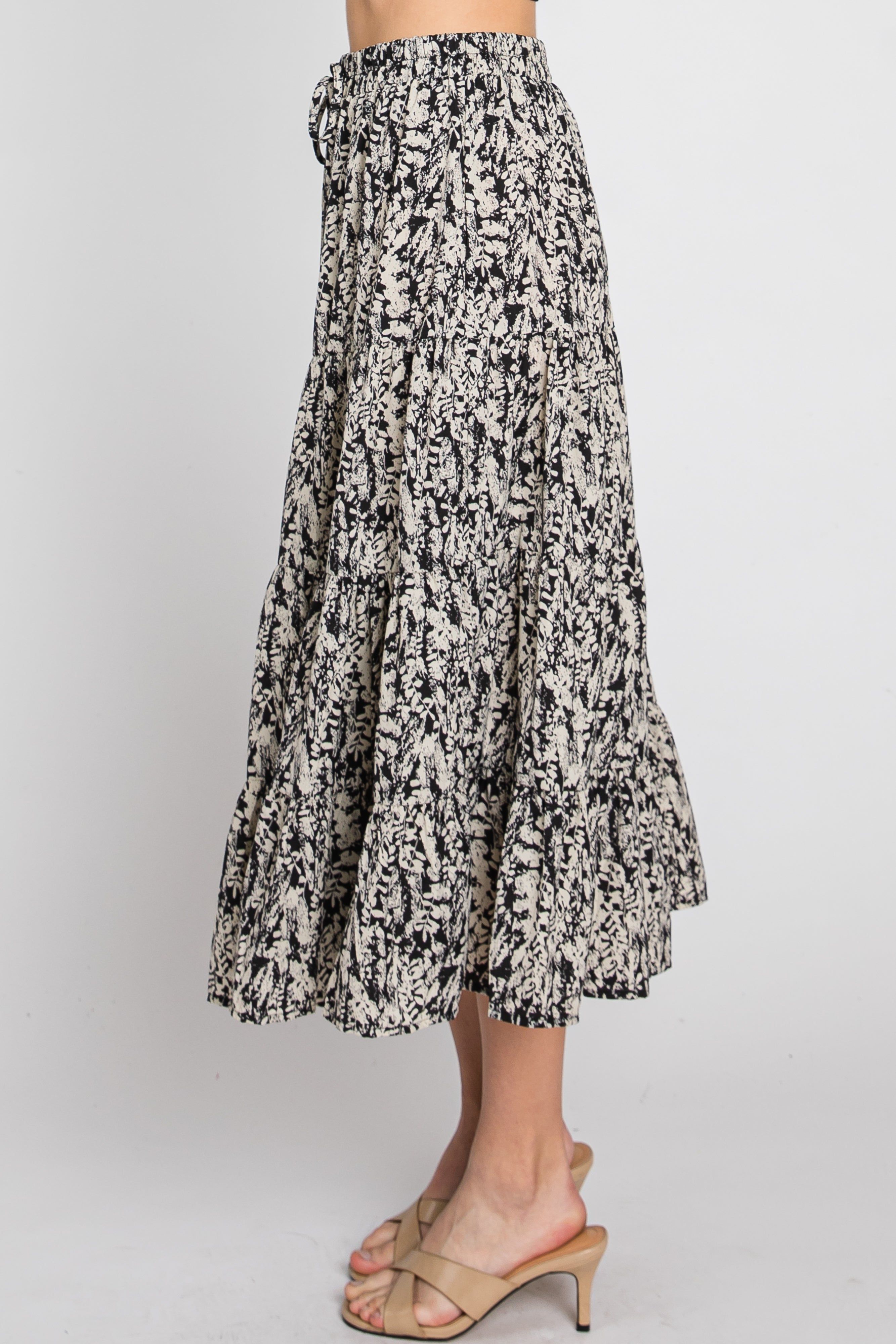 Black Leaf Print Tiered Midi Skirt sold by Pinkblush product image thumbnail 9
