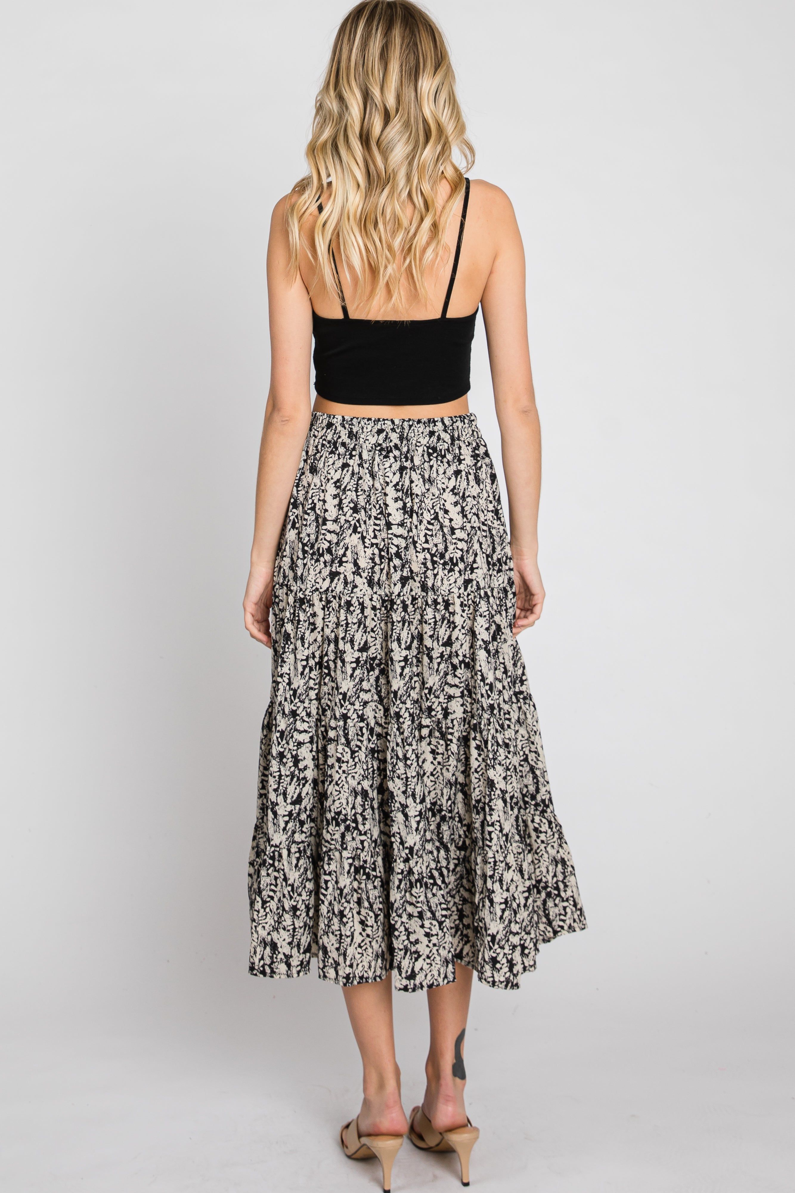 Black Leaf Print Tiered Midi Skirt sold by Pinkblush product image thumbnail 6