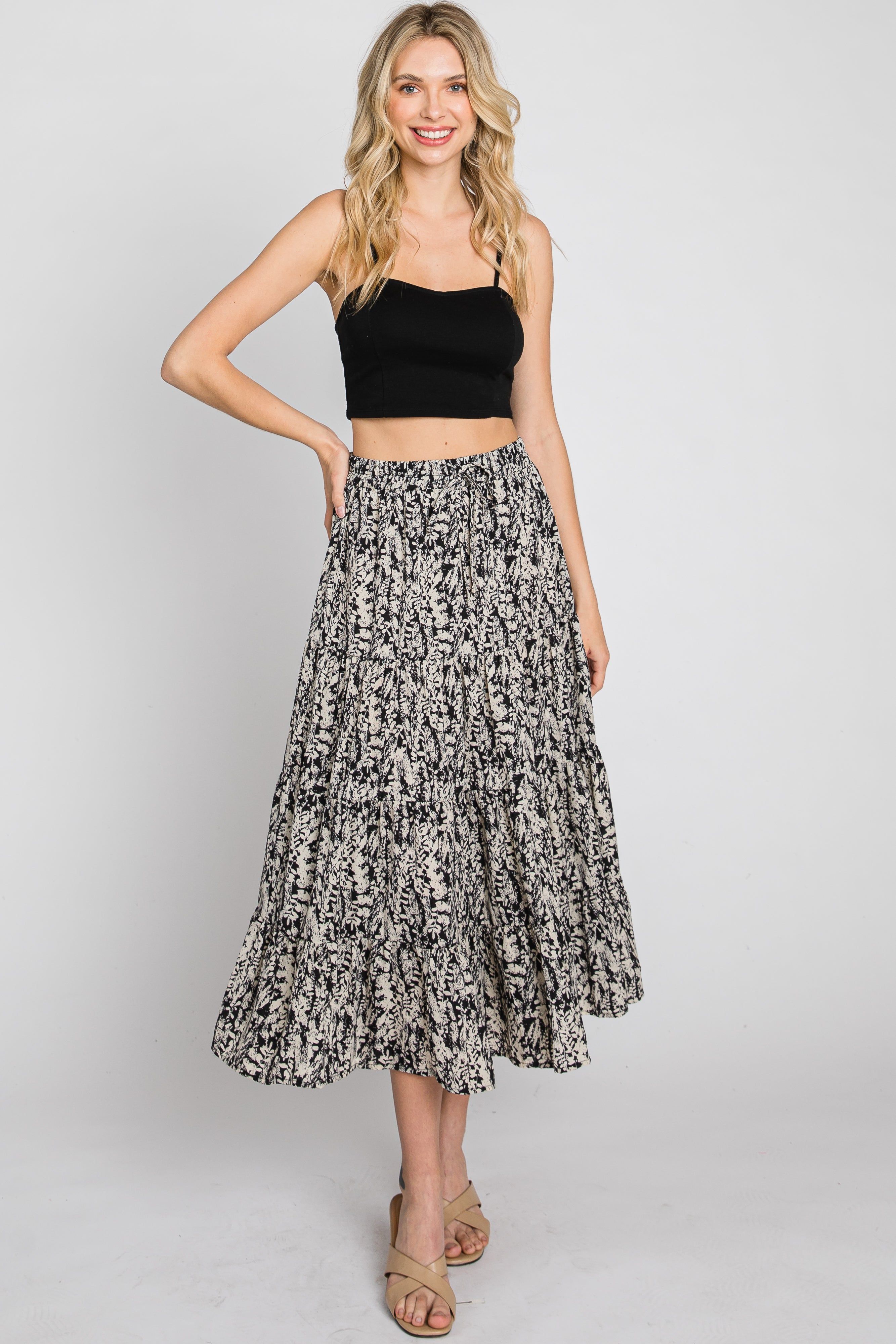 Black Leaf Print Tiered Midi Skirt sold by Pinkblush product image thumbnail 3