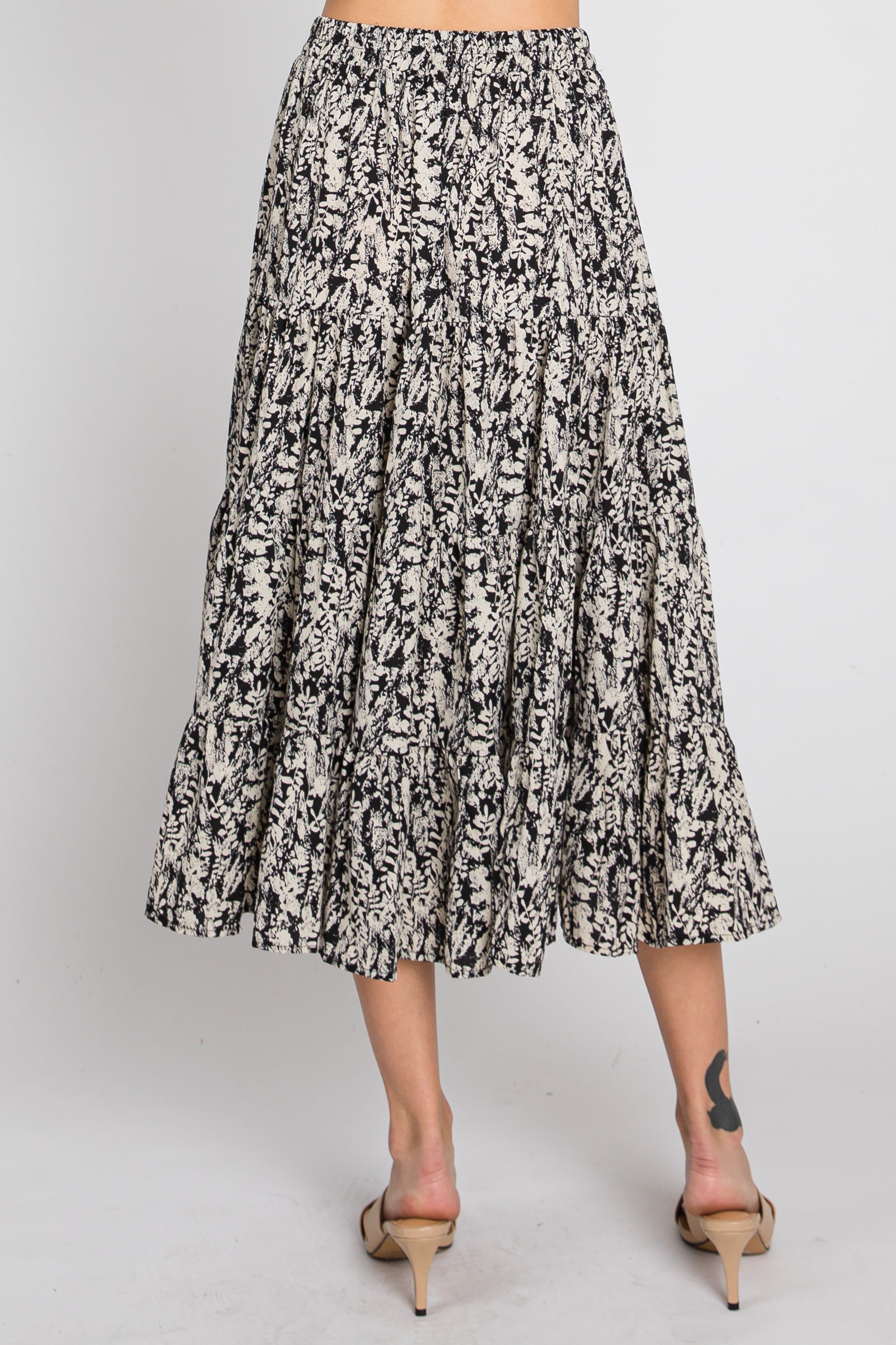 Black Leaf Print Tiered Midi Skirt sold by Pinkblush product image thumbnail 10