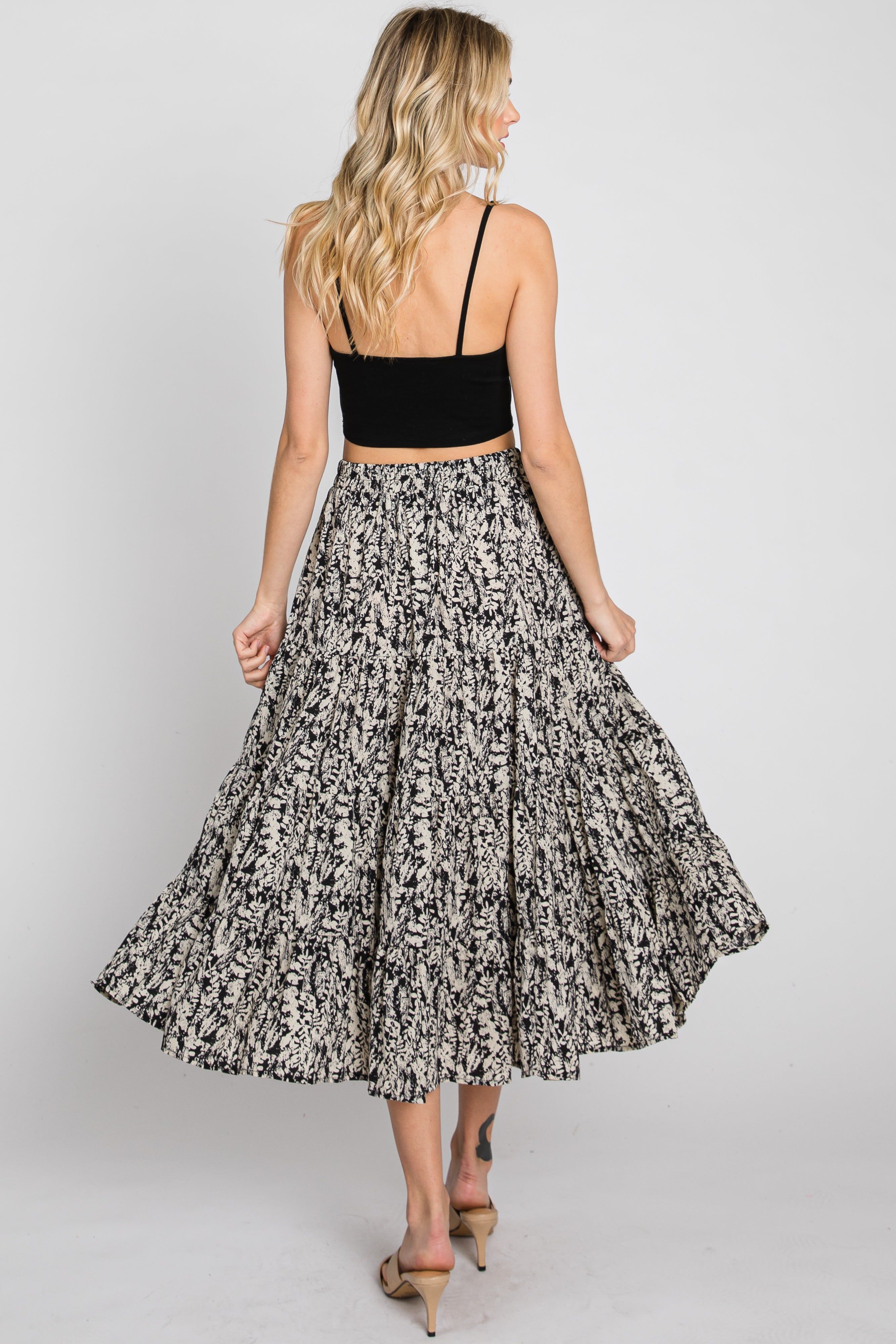 Black Leaf Print Tiered Midi Skirt sold by Pinkblush product image thumbnail 7
