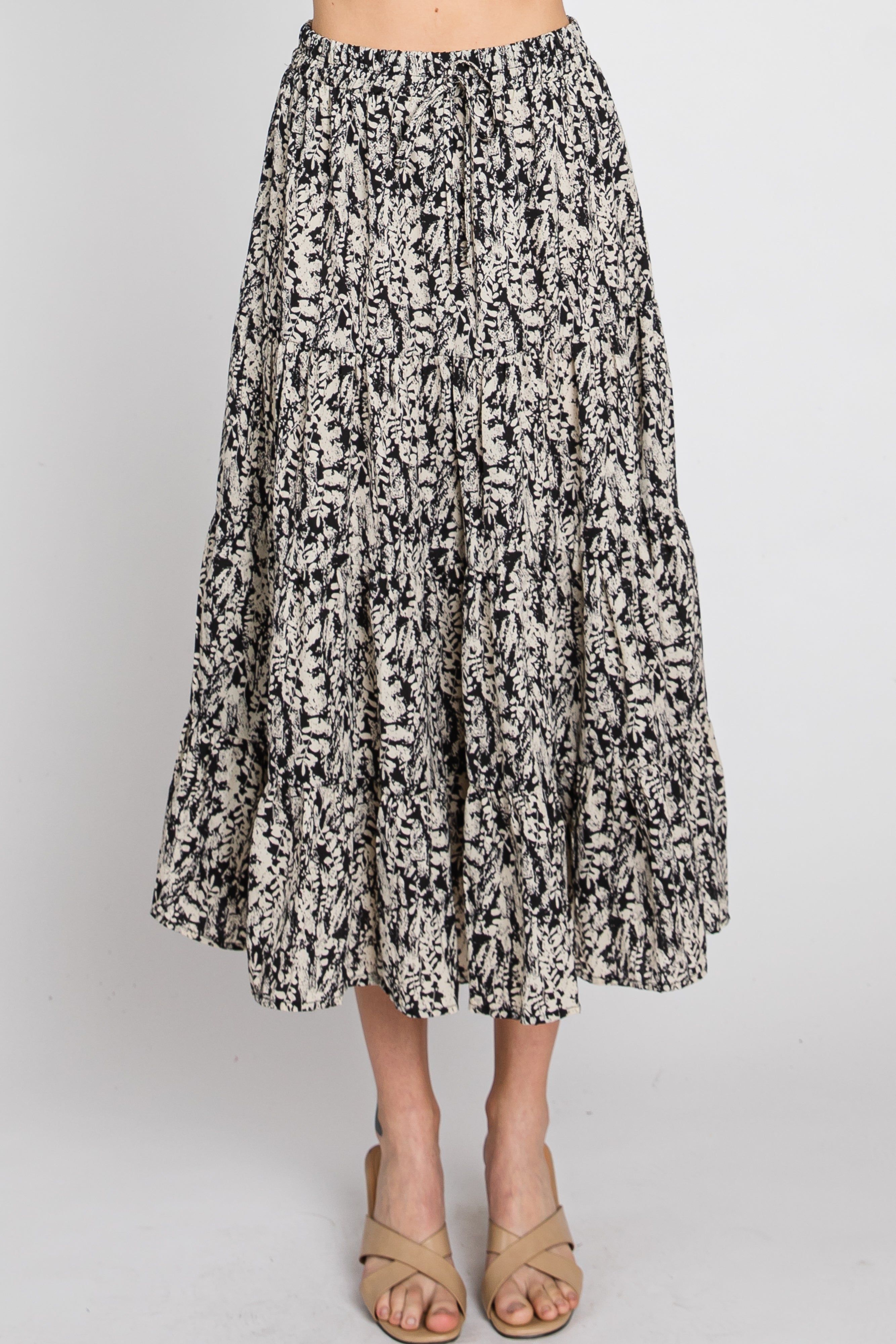 Black Leaf Print Tiered Midi Skirt sold by Pinkblush product image thumbnail 8
