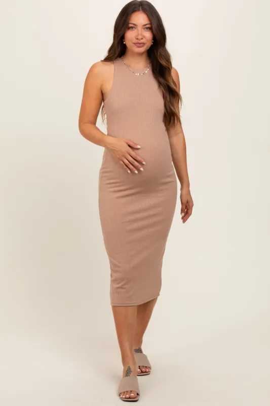 Mocha Sleeveless Ribbed Knit Maternity Midi Dress sold by Pinkblush