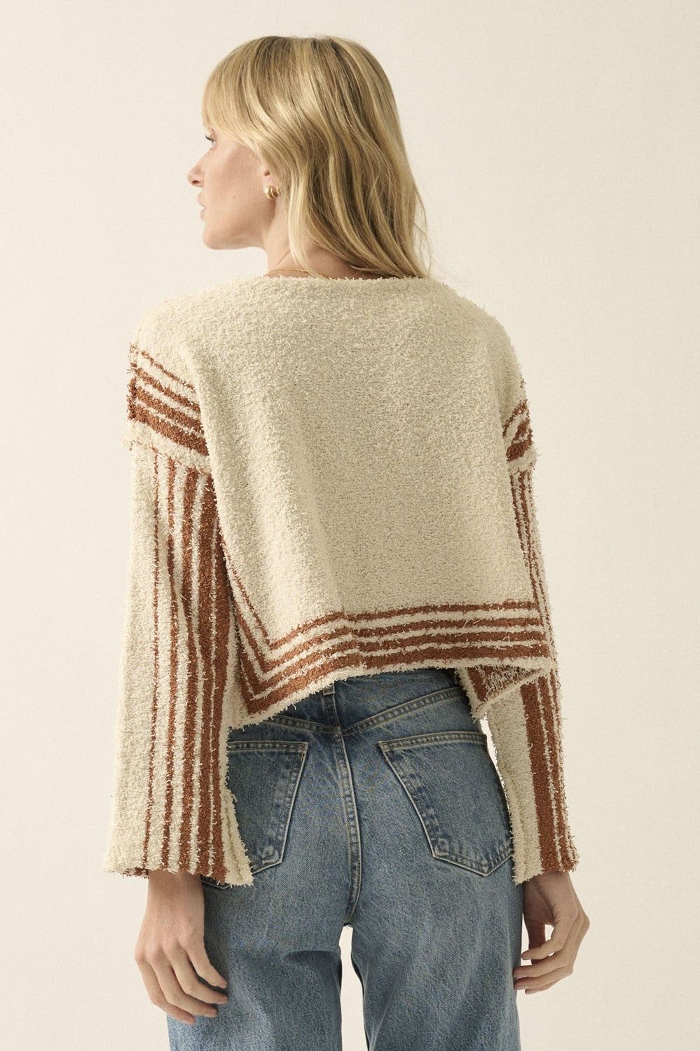 Cream Color Block Contrast Boat Neck Furry Sweater sold by Pinkblush product image thumbnail 3