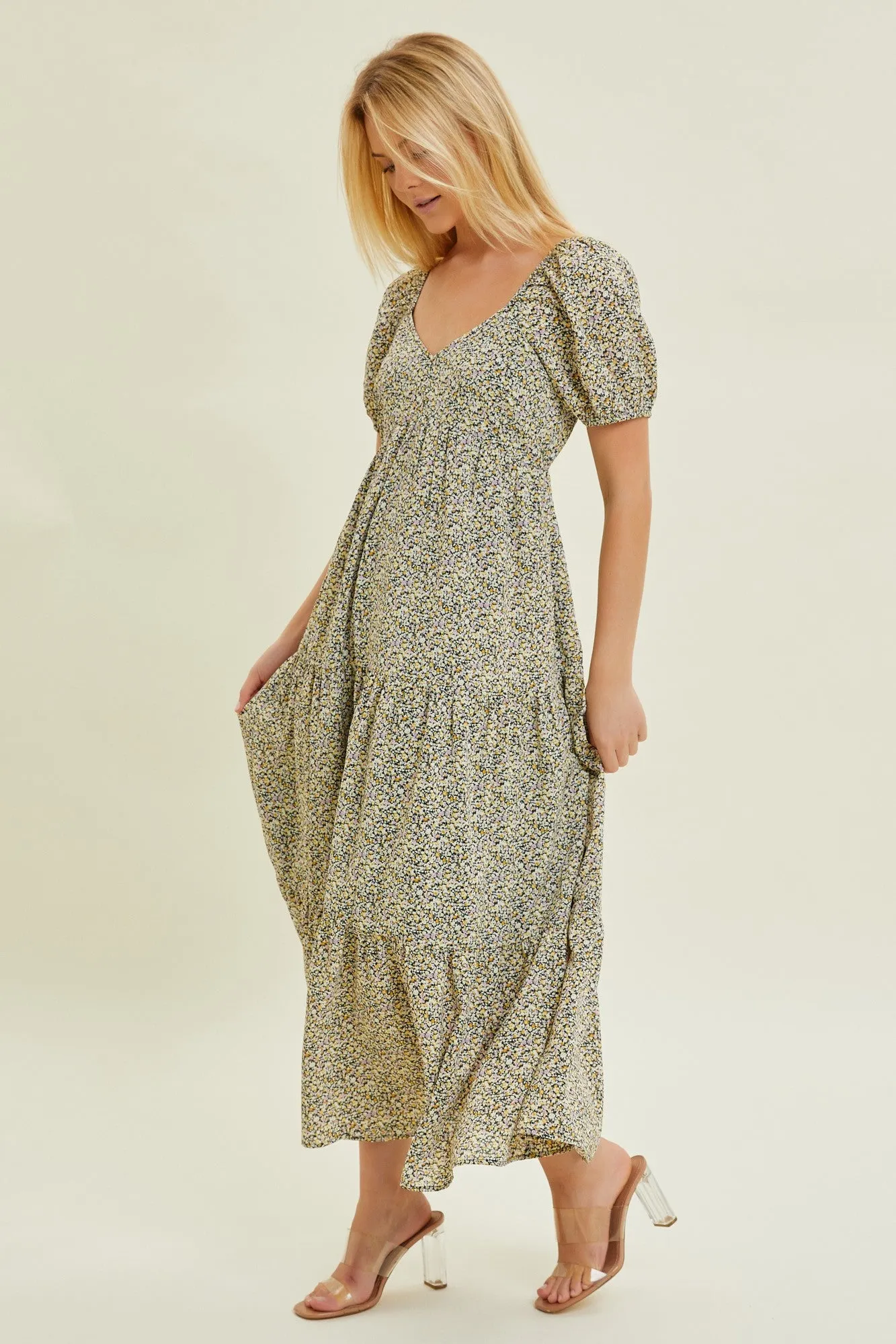 Black Ditsy Floral Tiered Midi Dress sold by Pinkblush product image thumbnail 2