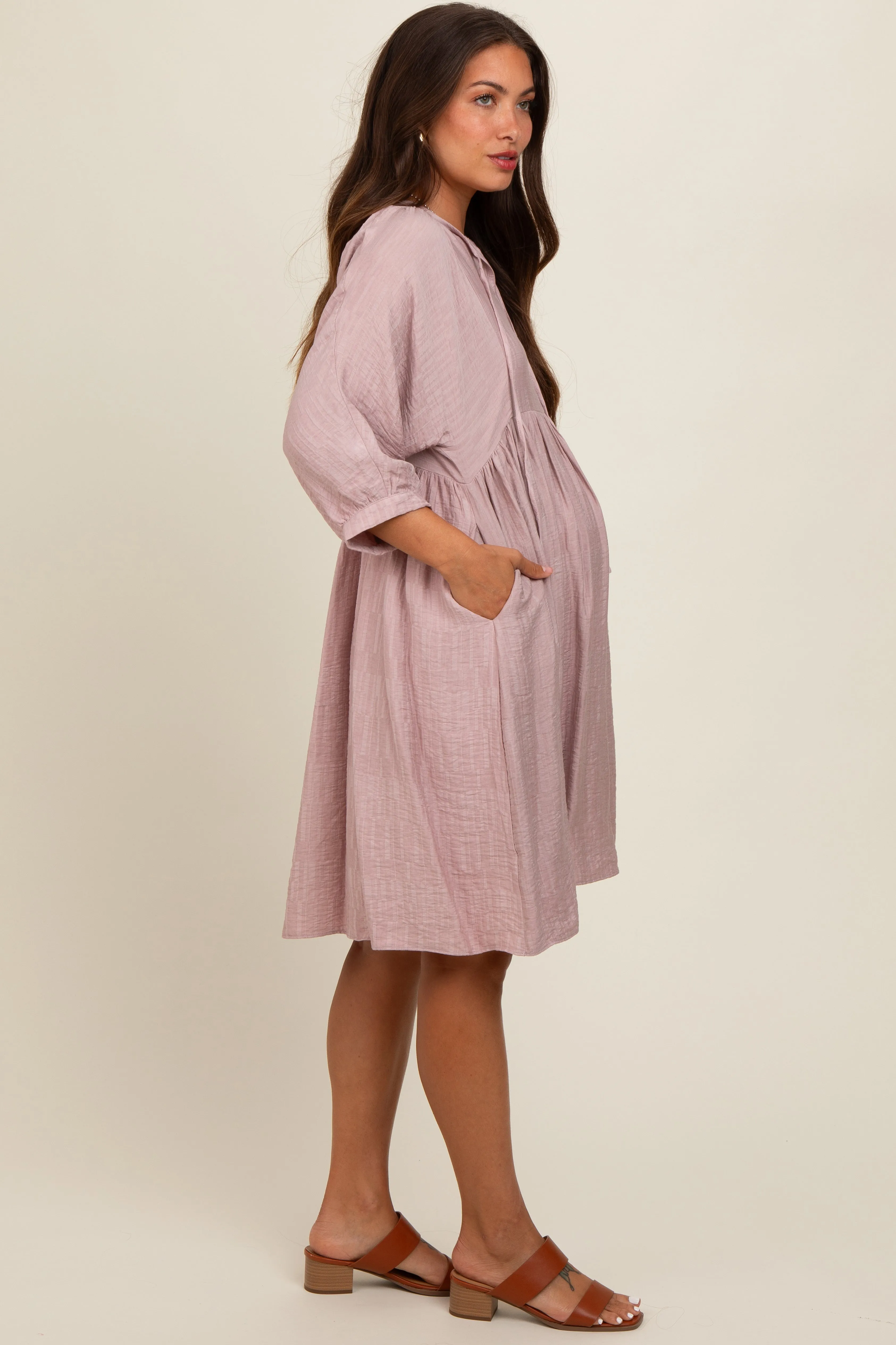 Mauve Printed Front Tie Maternity 3/4 Sleeve Dress sold by Pinkblush product image thumbnail 2