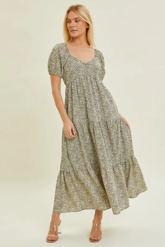 Black Ditsy Floral Tiered Midi Dress sold by Pinkblush