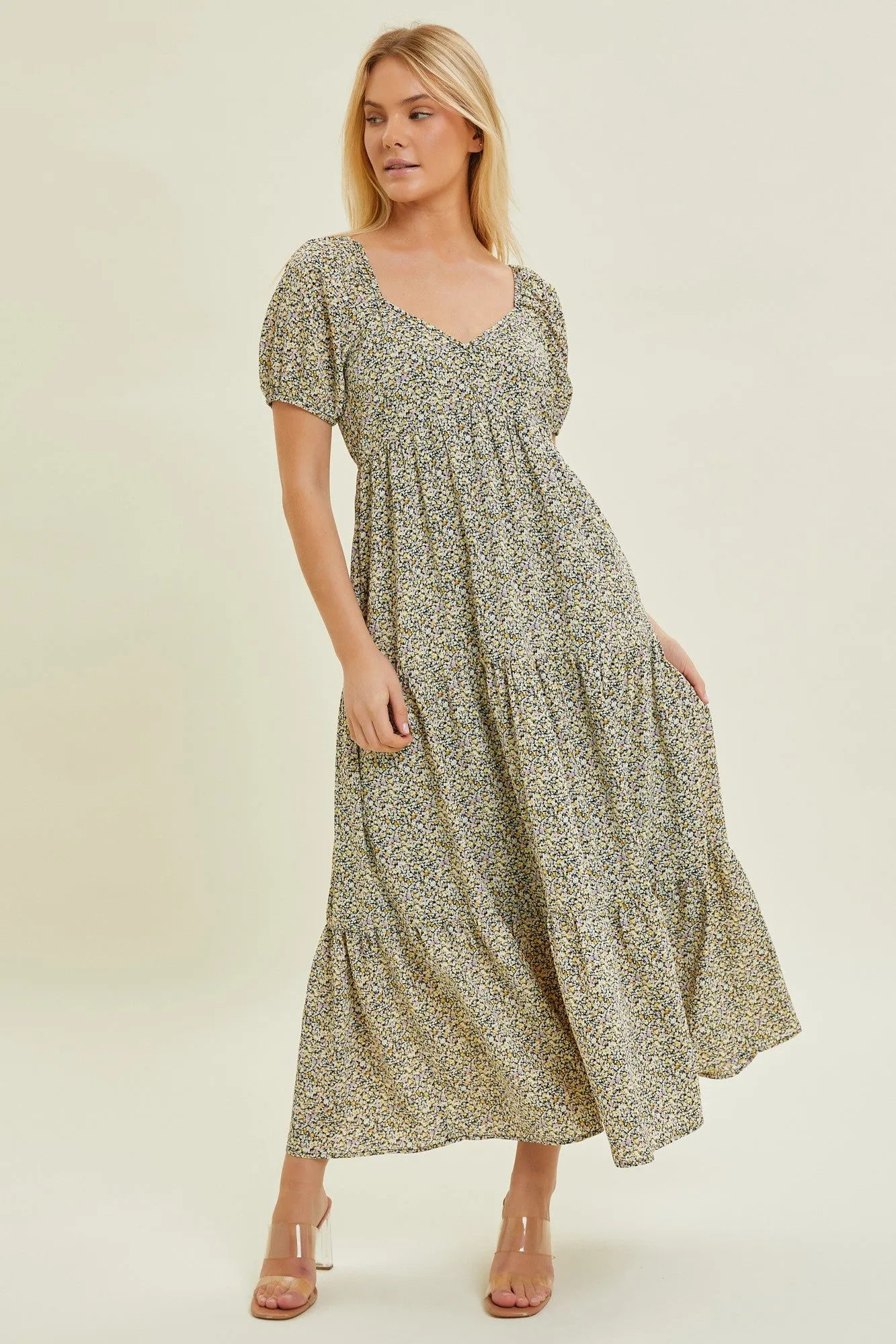 Black Ditsy Floral Tiered Midi Dress sold by Pinkblush