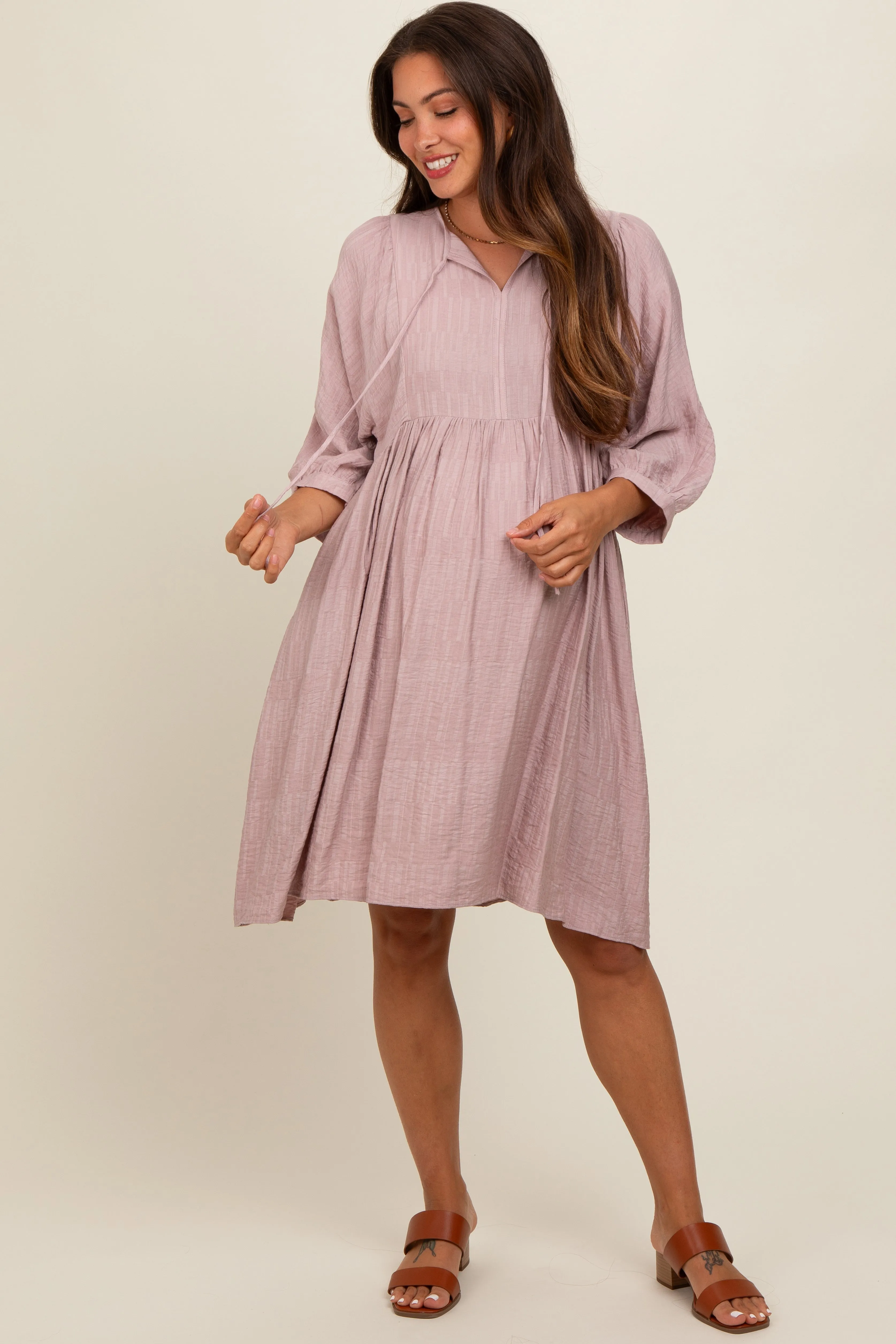 Mauve Printed Front Tie Maternity 3/4 Sleeve Dress sold by Pinkblush