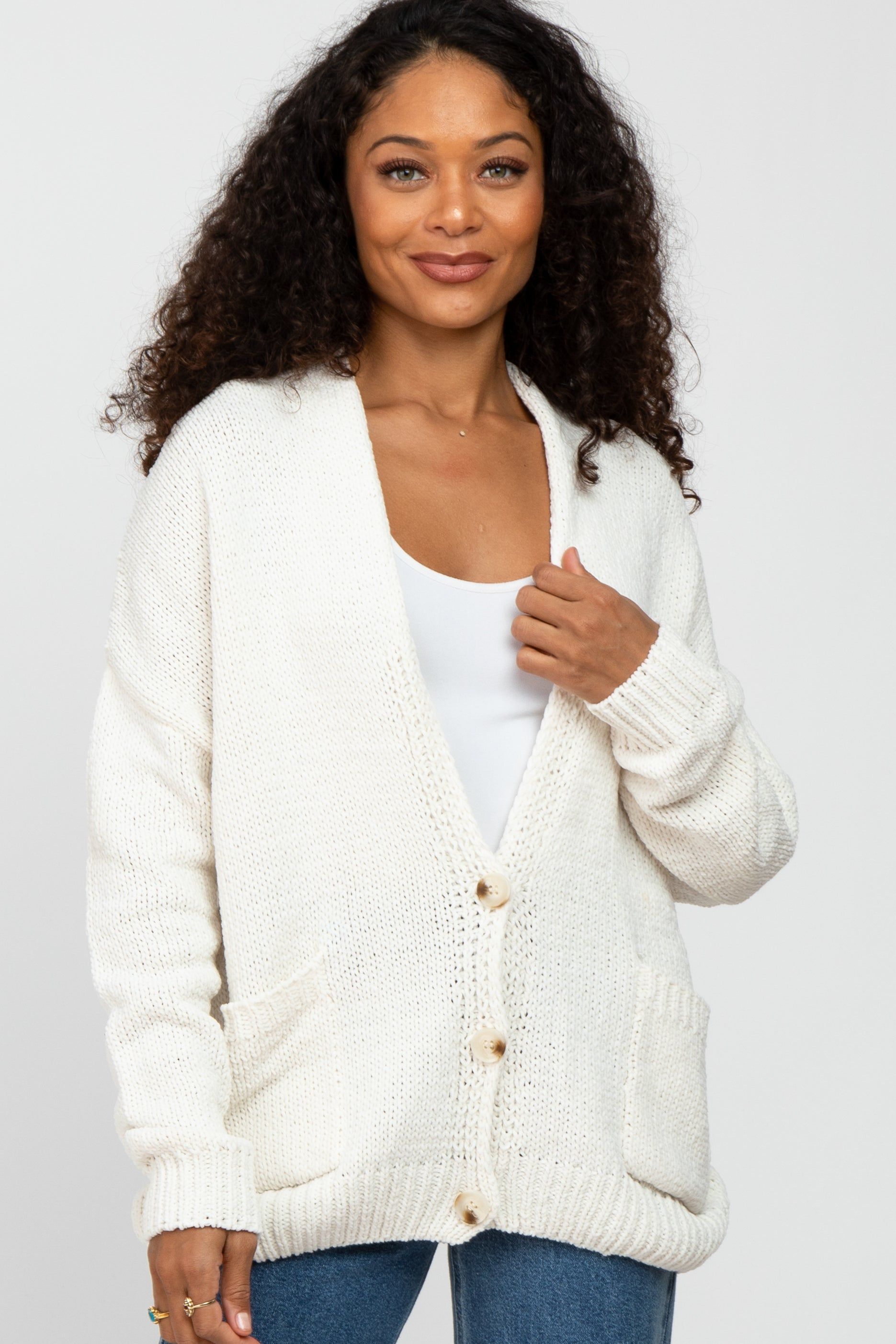 Ivory Oversized Deep V-Neck Cardigan sold by Pinkblush