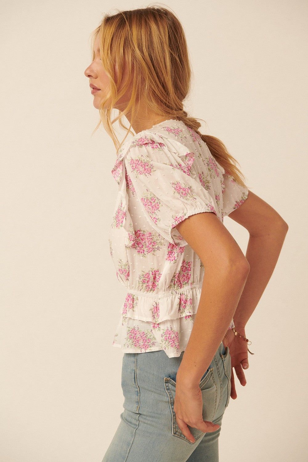 Blush Floral Swiss Dot Surplice Ruffled Peplum Top sold by Pinkblush product image thumbnail 2