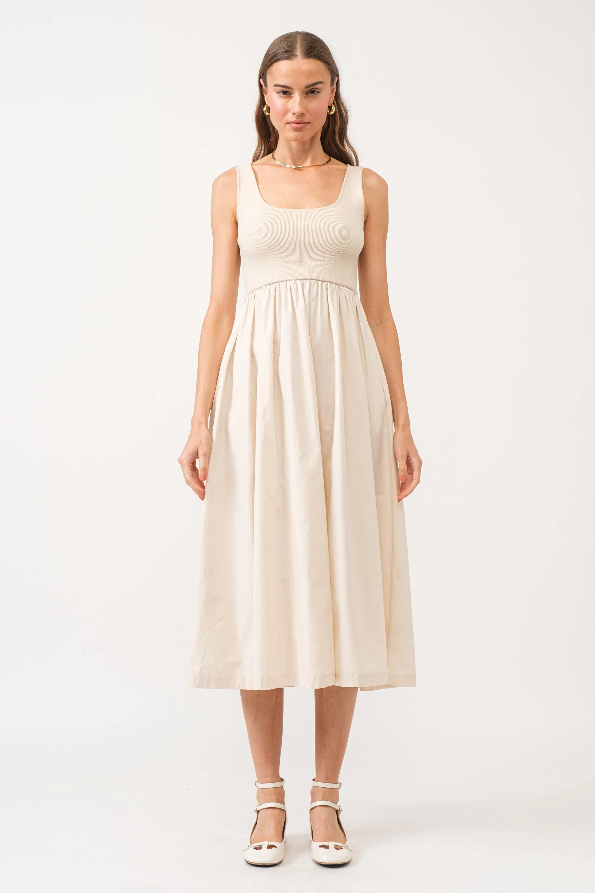 Beige Sleeveless A-line Midi Dress sold by Pinkblush