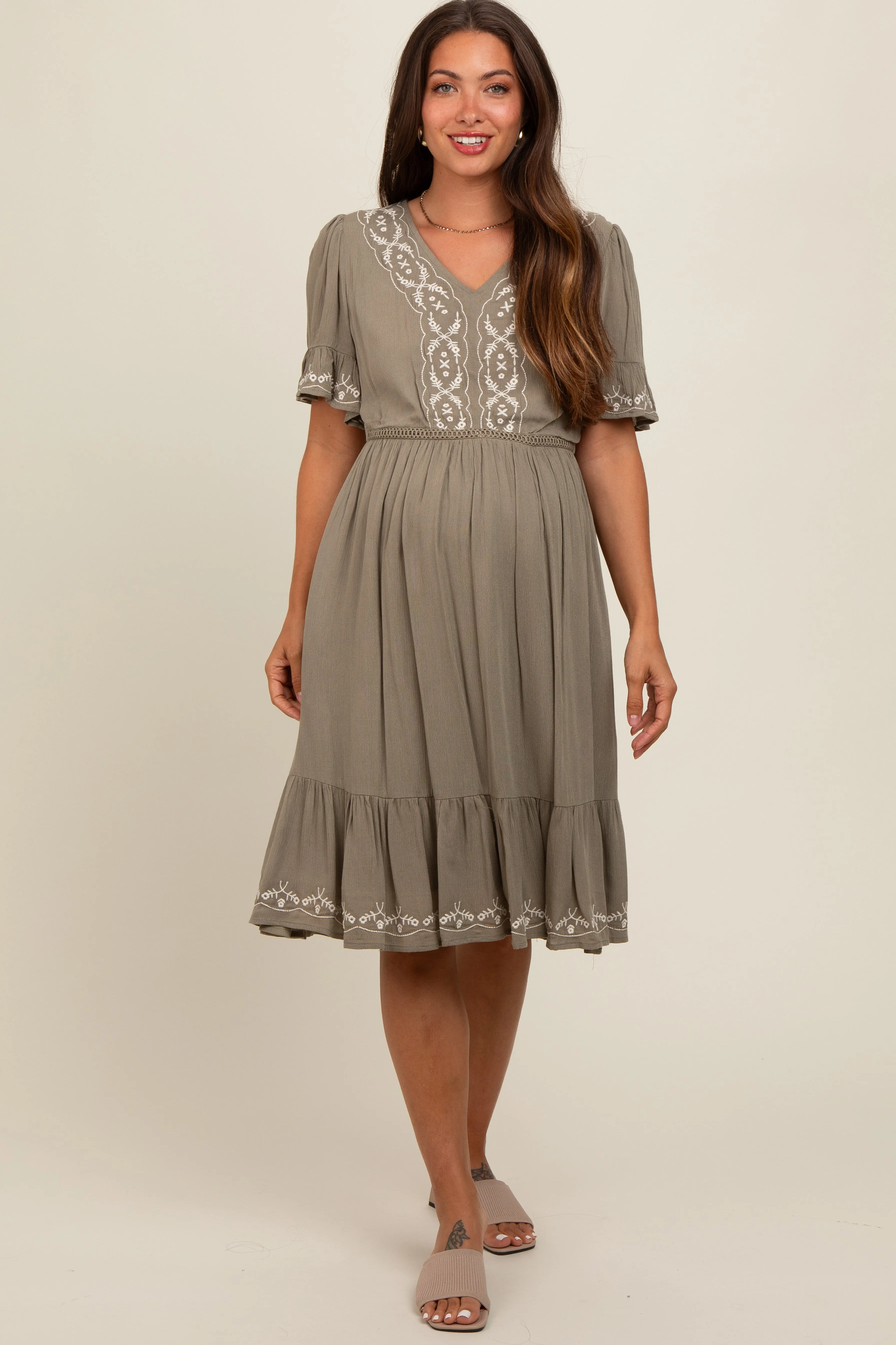 Olive Embroidered Maternity Midi Dress sold by Pinkblush