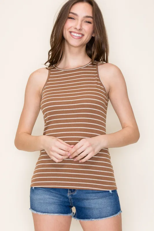 Camel Striped Rib Knit Tank Top sold by Pinkblush