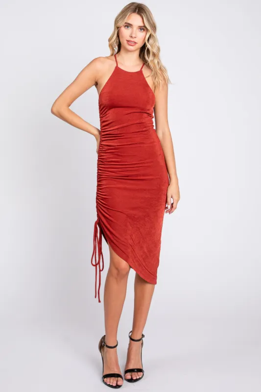 Rust Ruched Side Asymmetrical Midi Dress sold by Pinkblush
