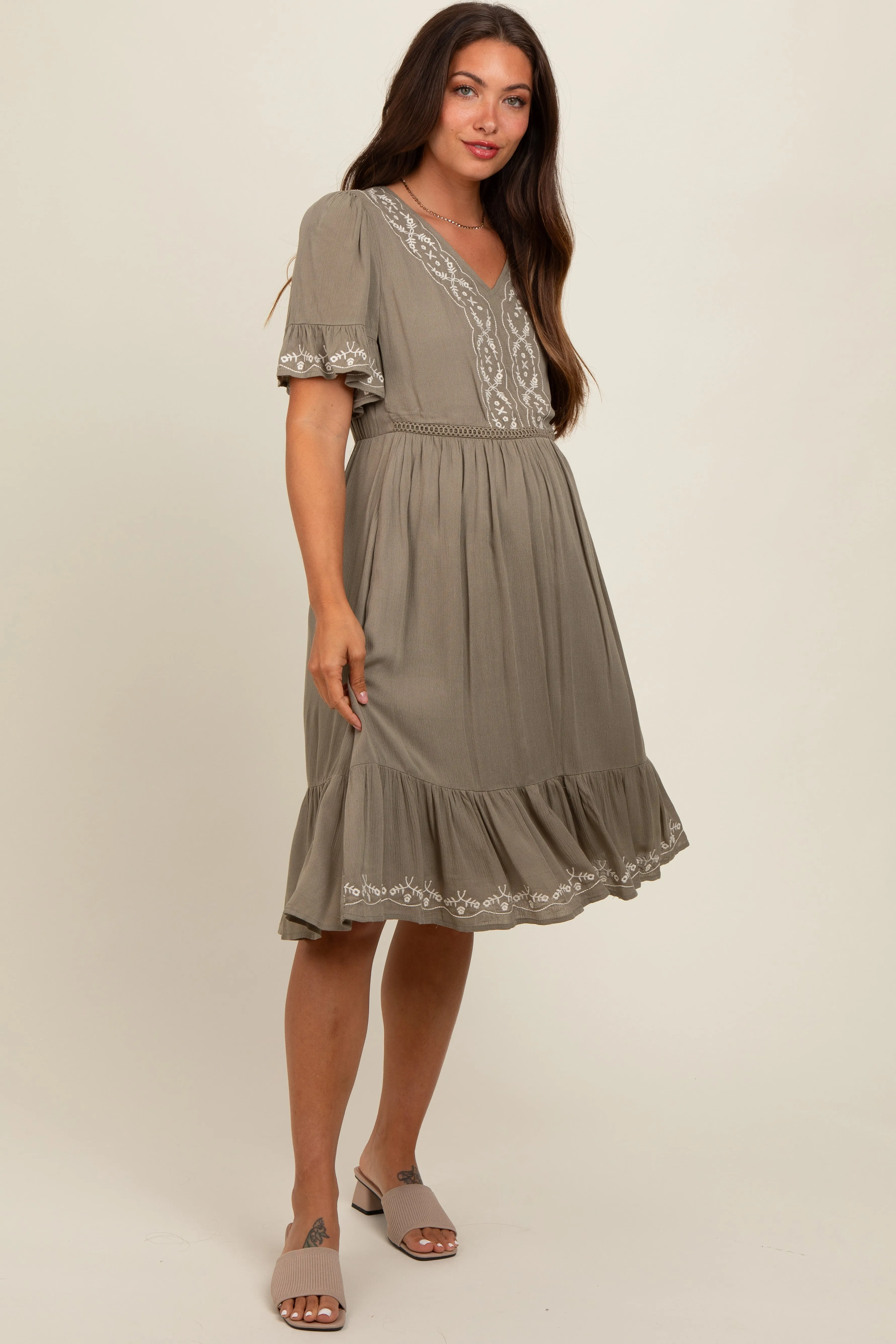 Olive Embroidered Maternity Midi Dress sold by Pinkblush product image thumbnail 2