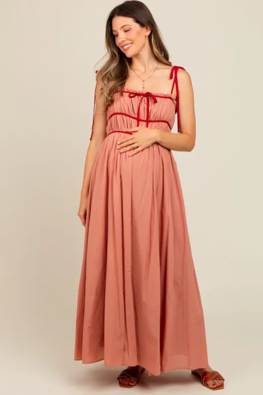 Salmon Contrast Ribbon Trim Maternity Maxi Dress sold by Pinkblush