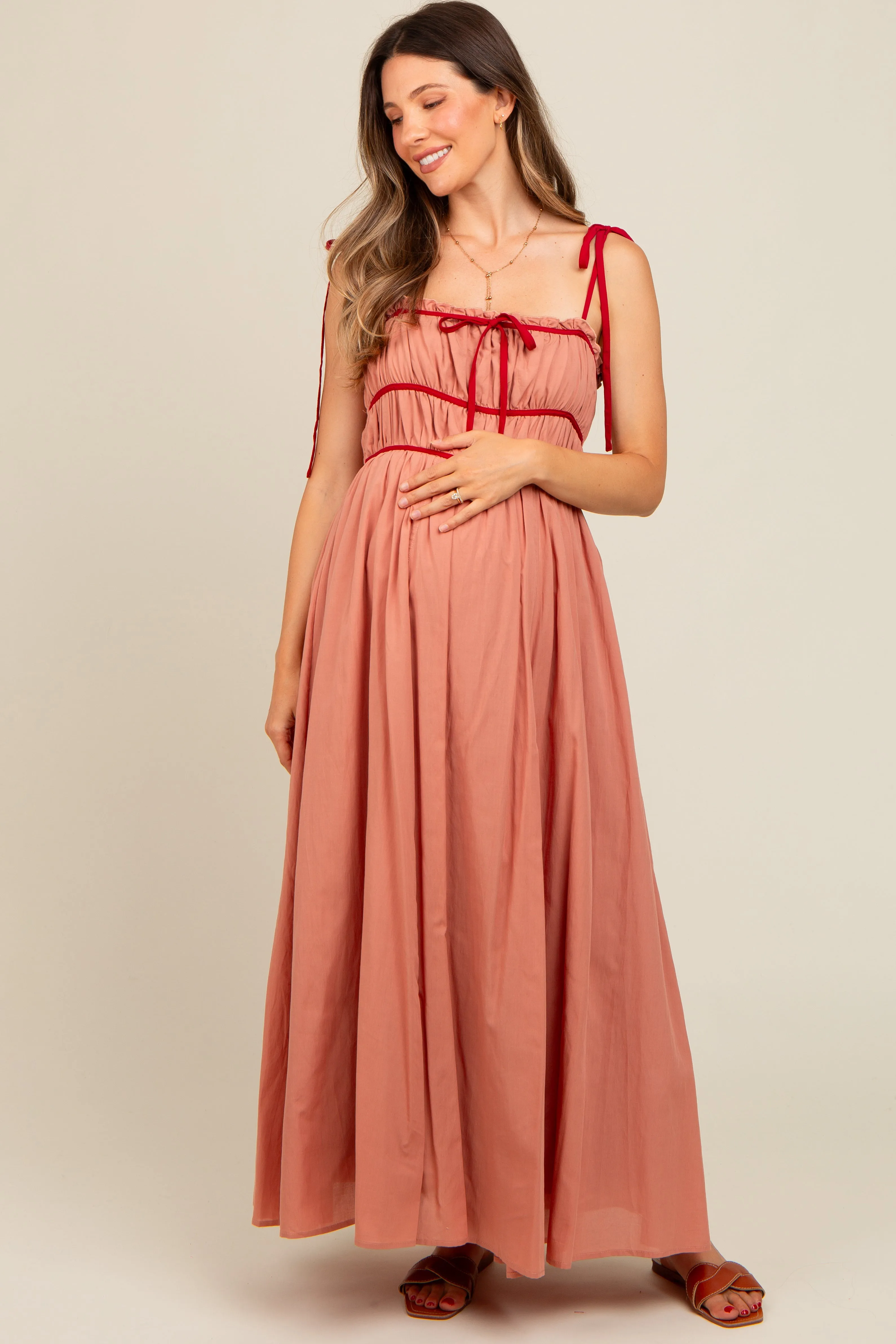 Salmon Contrast Ribbon Trim Maternity Maxi Dress sold by Pinkblush