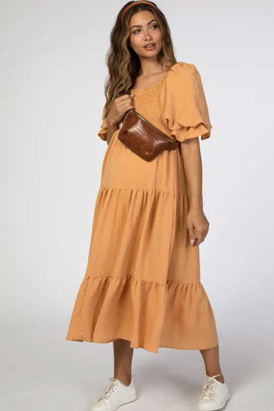 Mustard Smocked Tiered Maternity Dress sold by Pinkblush