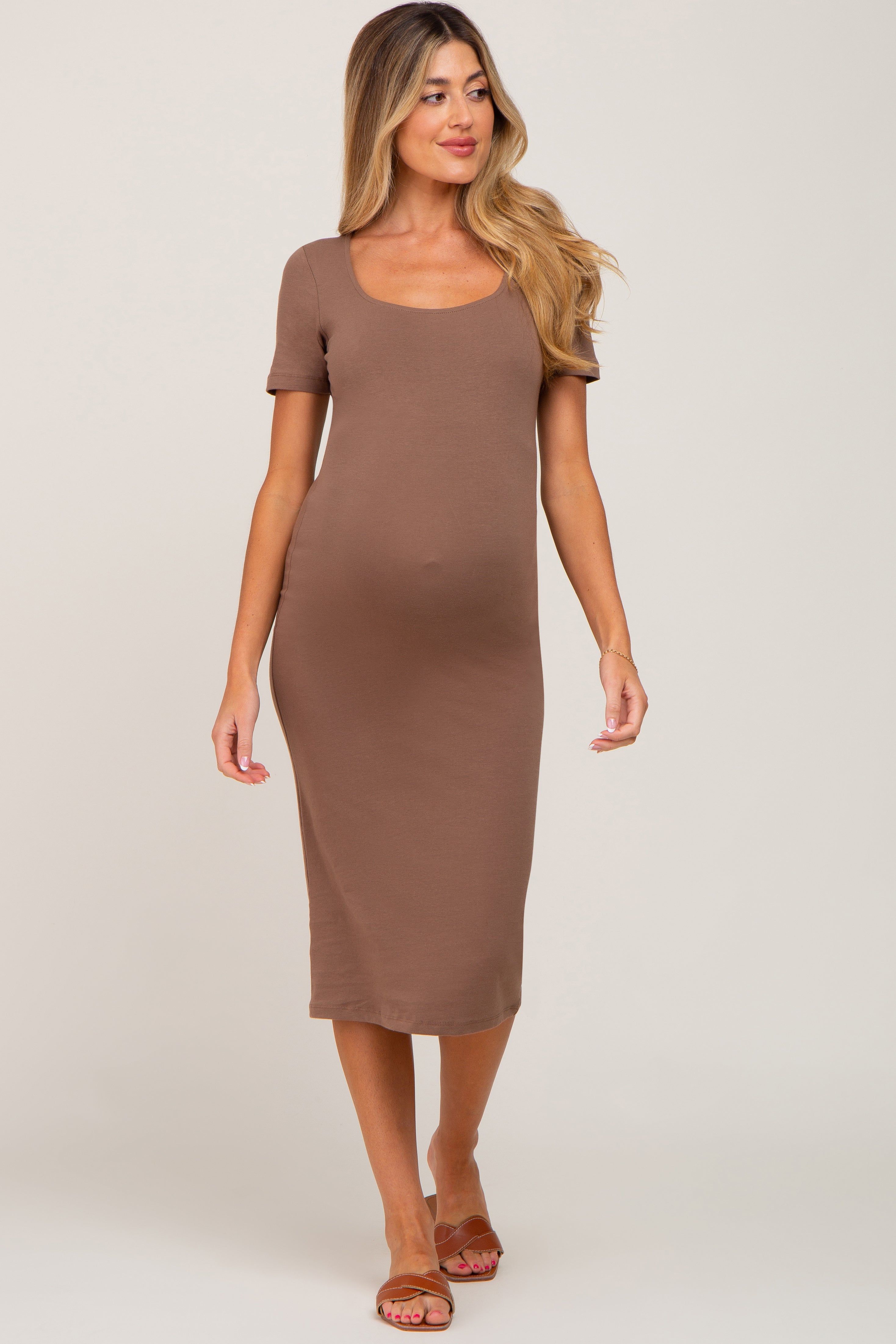 Mocha Fitted Maternity Midi Dress sold by Pinkblush