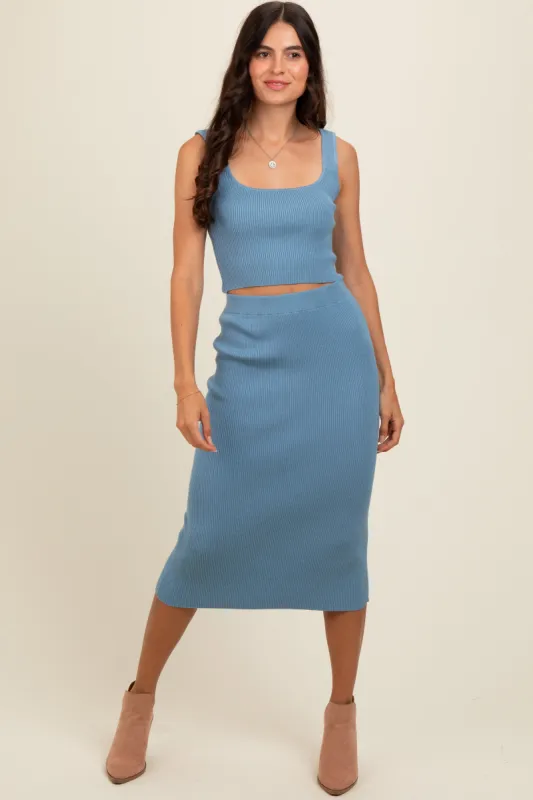 Blue Ribbed Square Neck Sleeveless Crop Skirt Set sold by Pinkblush
