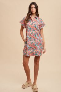 Coral Multi Floral Printed Frill Sleeve Shirt Mini Dress sold by Pinkblush