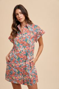 Coral Multi Floral Printed Frill Sleeve Shirt Mini Dress sold by Pinkblush