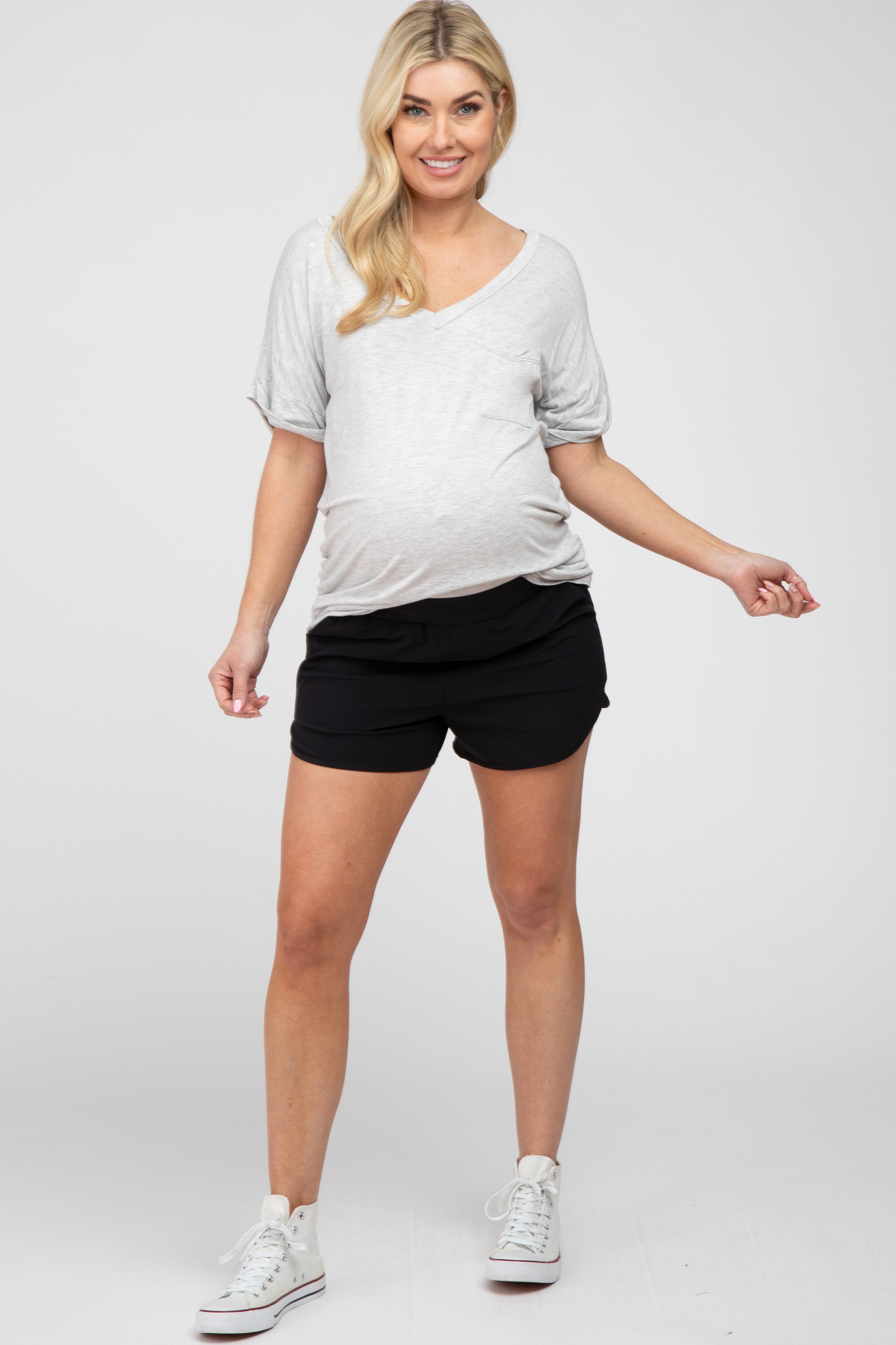 Black Rounded Hem Maternity Active Shorts sold by Pinkblush