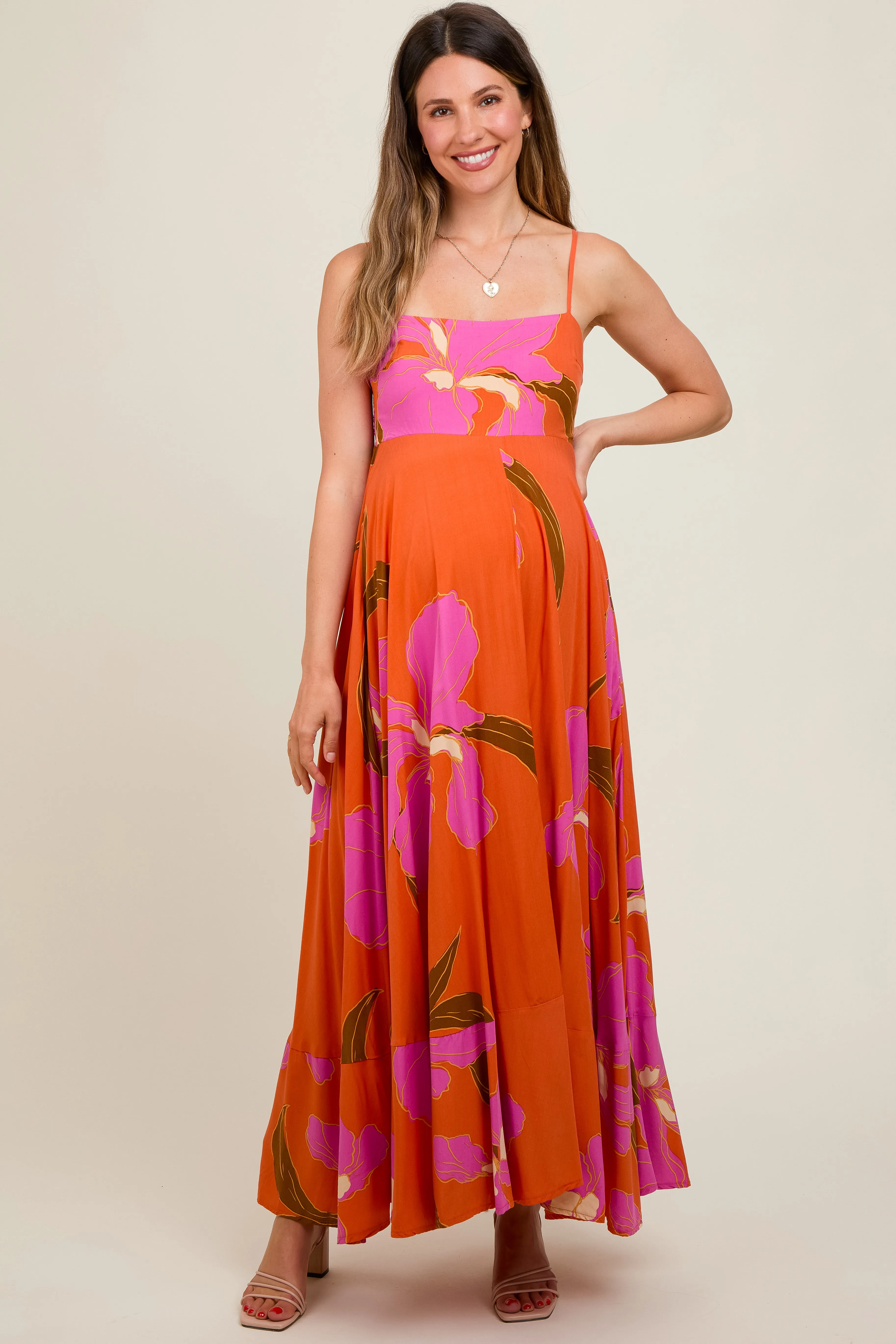 Orange Floral Sleeveless Maternity Dress sold by Pinkblush