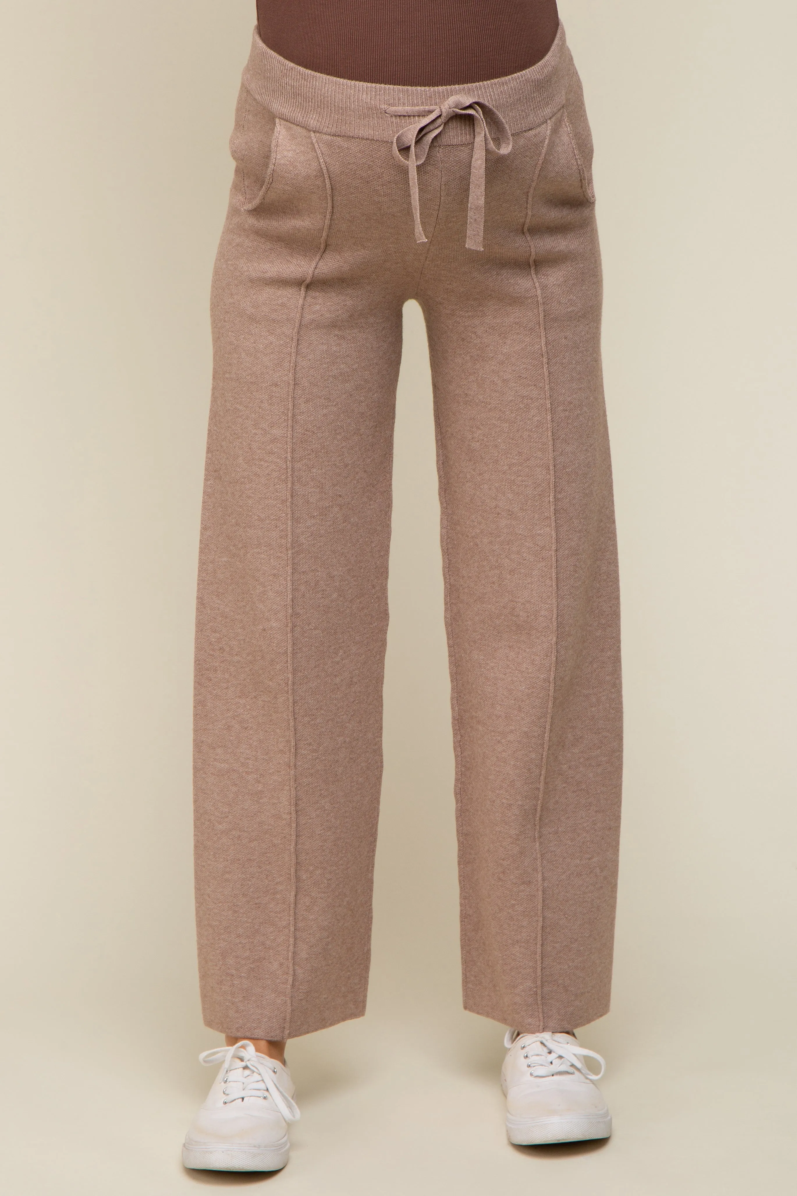 Taupe Front Seam Sweater Knit Drawstring Maternity Pants sold by Pinkblush product image thumbnail 2