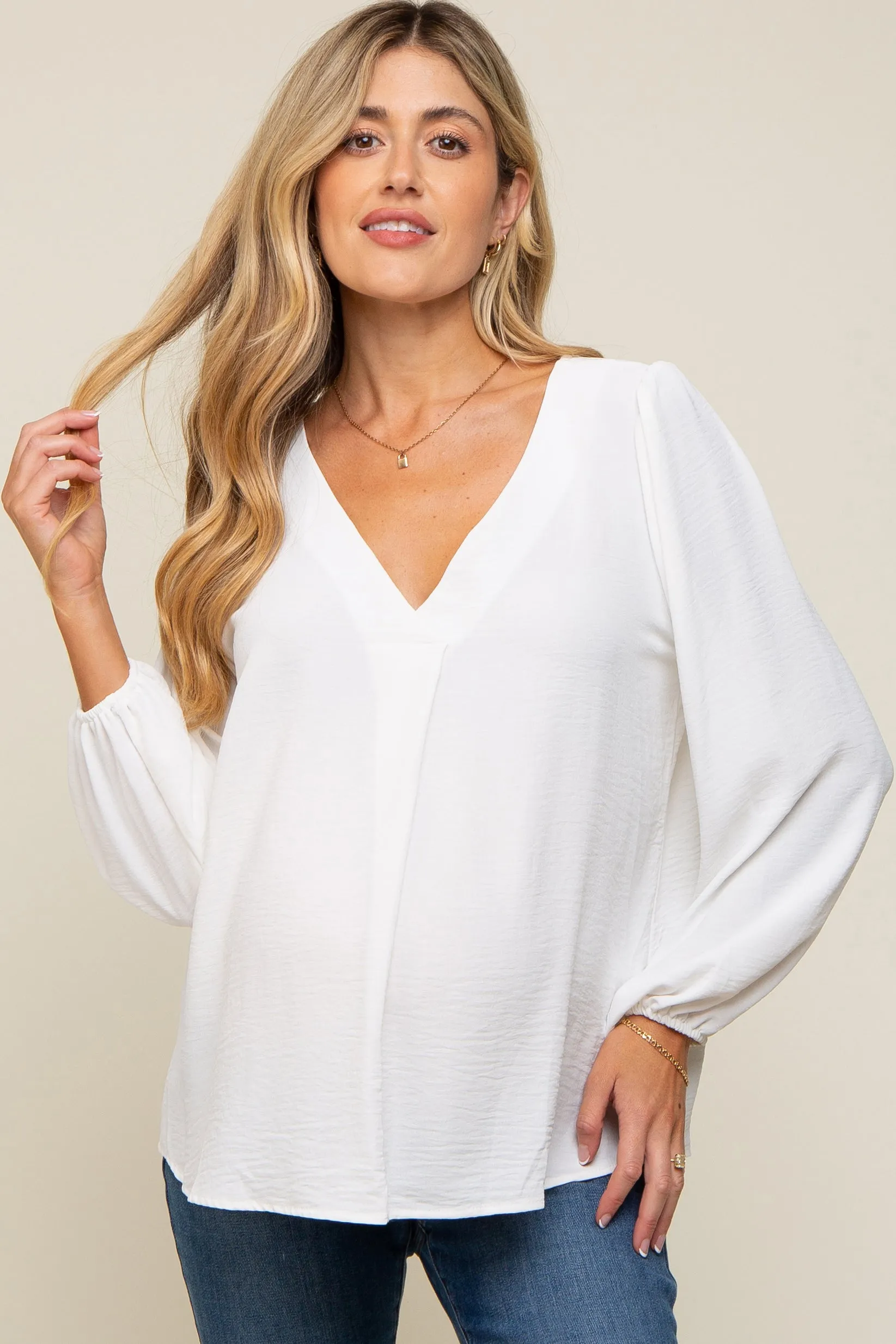 White Long Puff Sleeve Maternity Blouse Top sold by Pinkblush