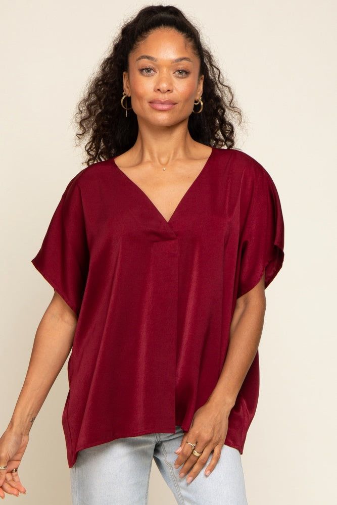 Burgundy Satin V-Neck Blouse sold by Pinkblush