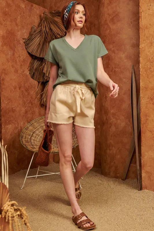 Beige Raw Hem Drawstring Shorts sold by Pinkblush