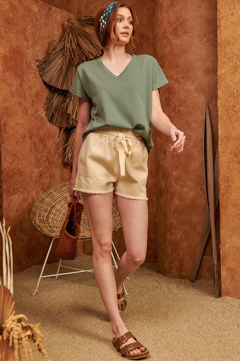 Beige Raw Hem Drawstring Shorts sold by Pinkblush