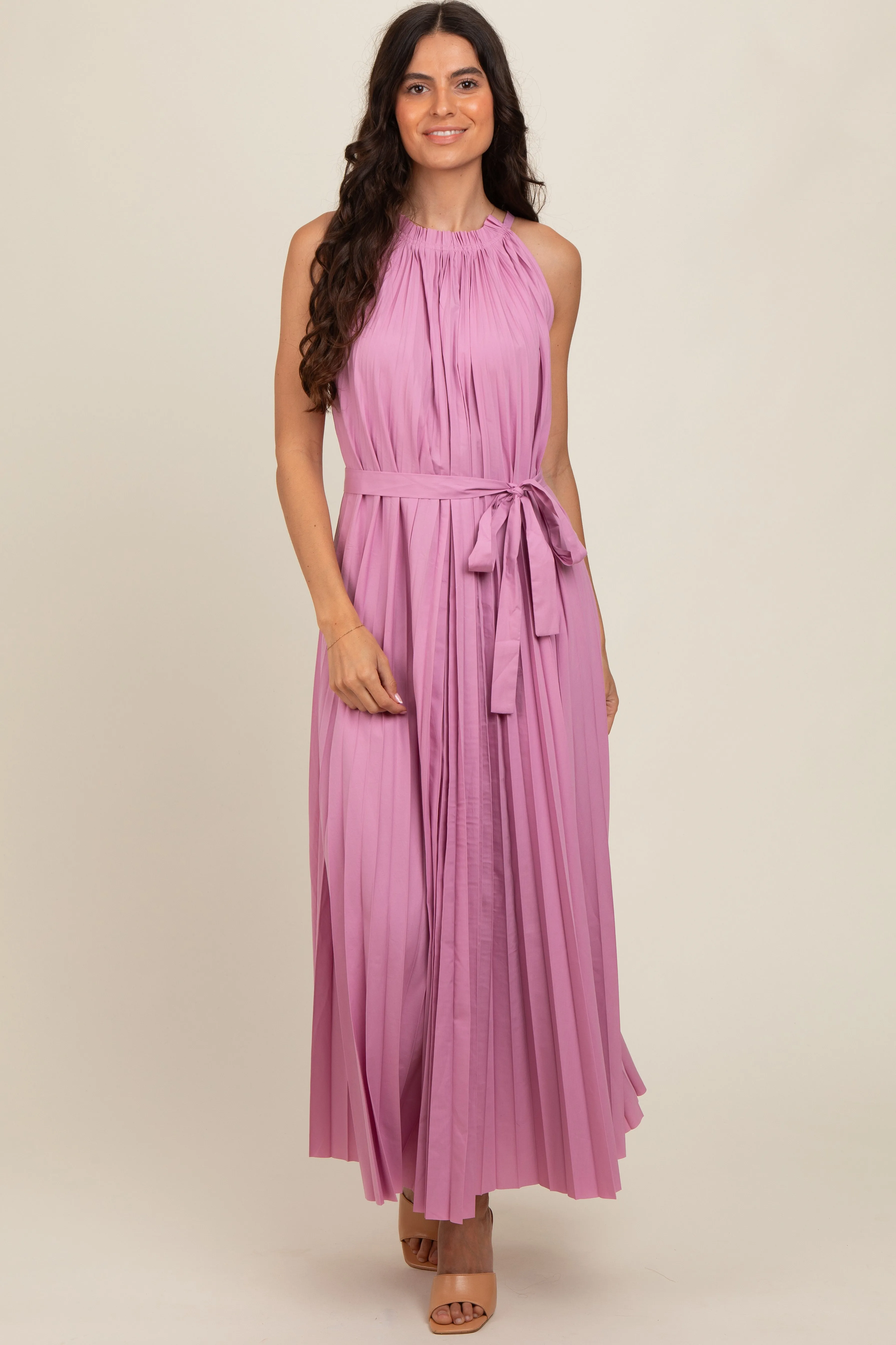 Pink Pleated Empire Tied Waist Midi Dress sold by Pinkblush