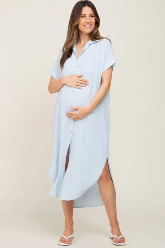 Light Blue Button Down Hi Low Maternity Maxi Dress sold by Pinkblush