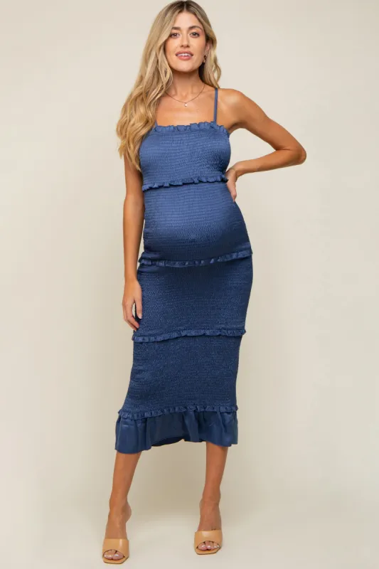 Blue Satin Smocked Fitted Maternity Maxi Dress sold by Pinkblush