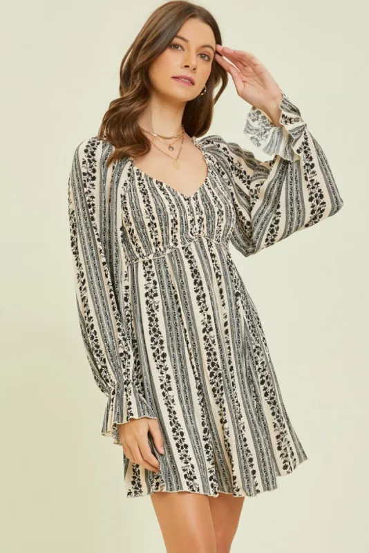 Black Floral Stripe Smocked Long Sleeve Dress sold by Pinkblush