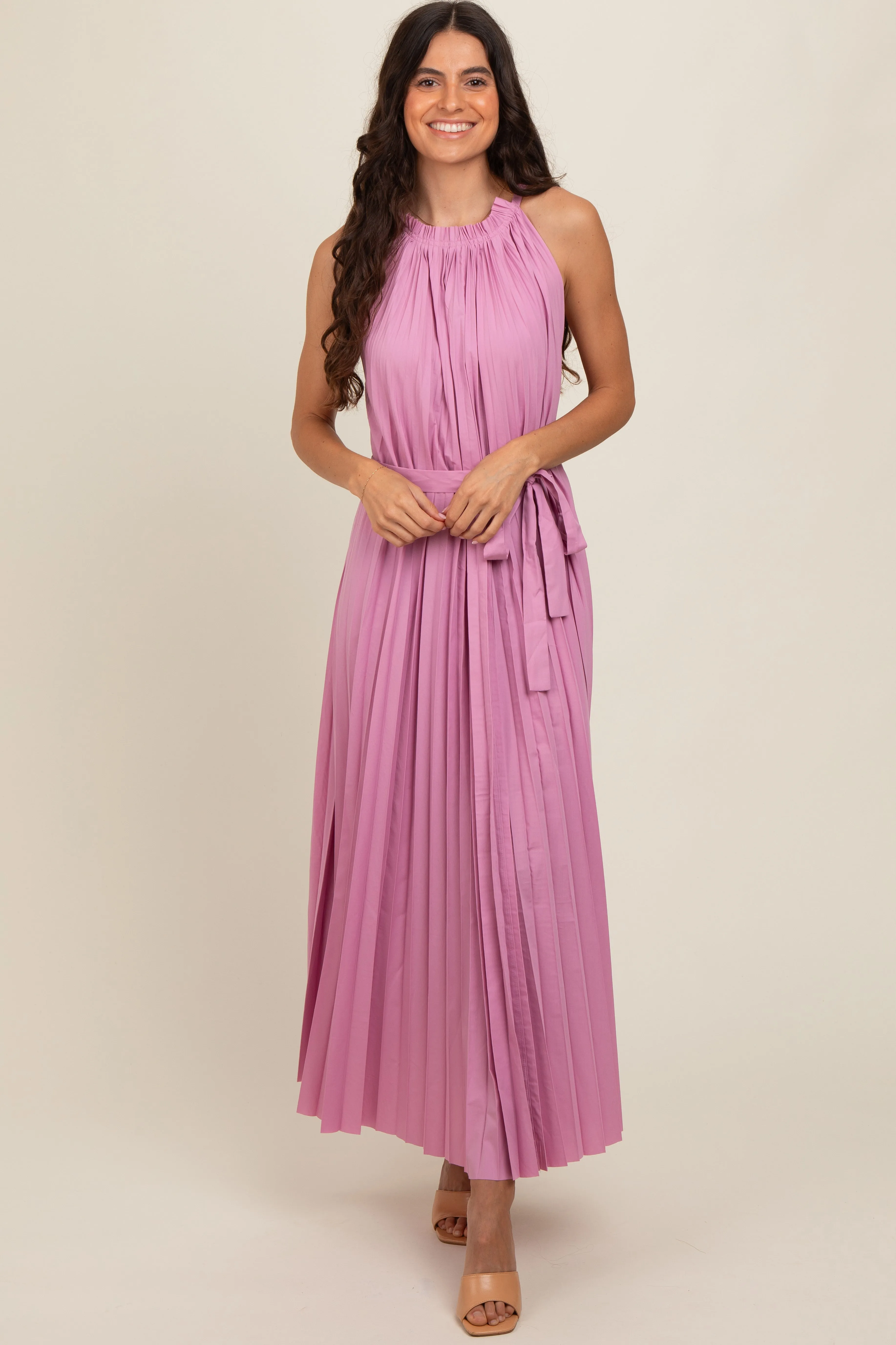 Pink Pleated Empire Tied Waist Midi Dress sold by Pinkblush product image thumbnail 2