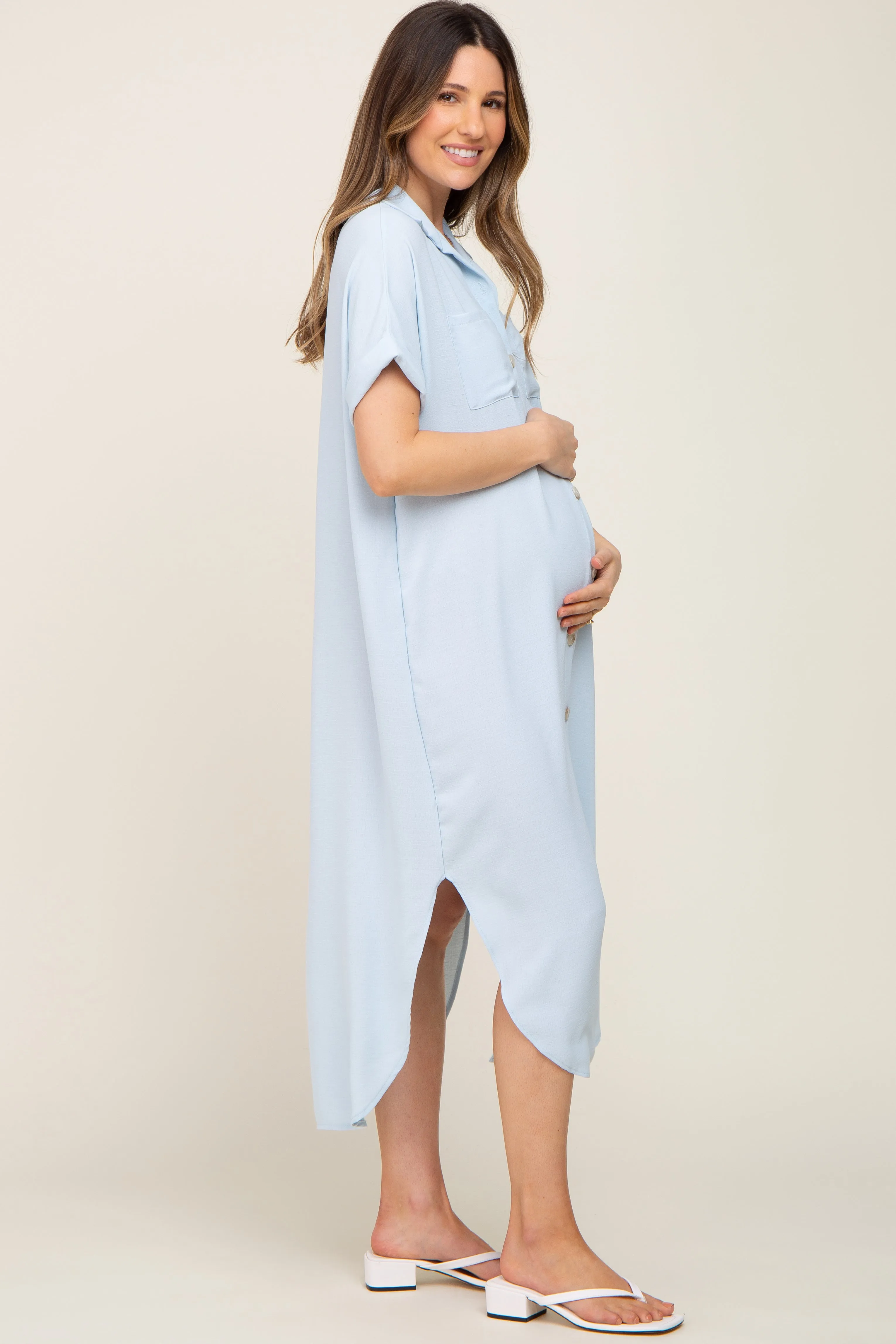 Light Blue Button Down Hi Low Maternity Maxi Dress sold by Pinkblush product image thumbnail 2