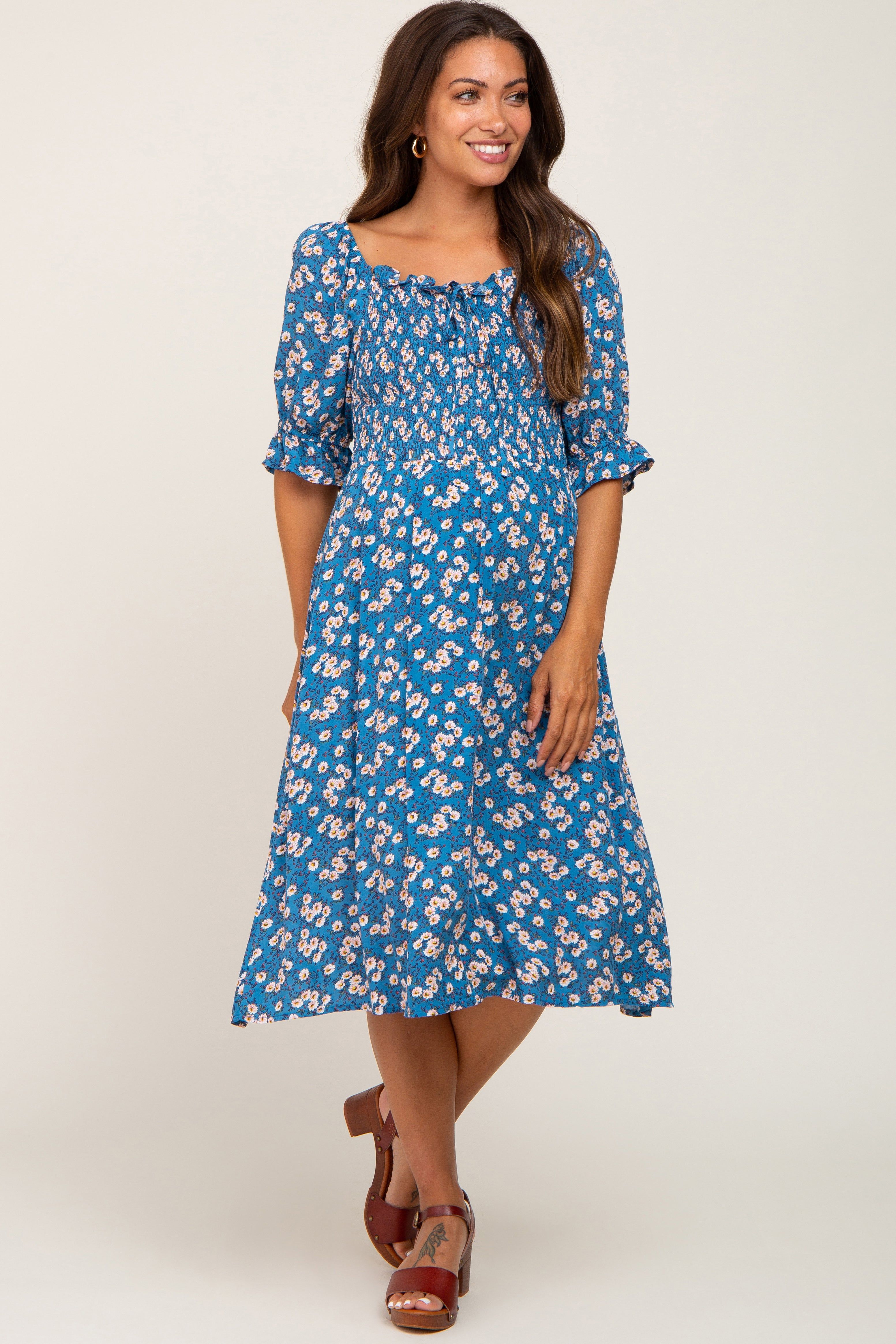 Blue Floral Smocked Front Tie Maternity Midi Dress sold by Pinkblush