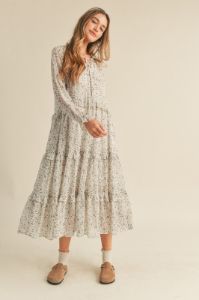 Ivory Floral Tiered Ruffle Trim Midi Dress sold by Pinkblush