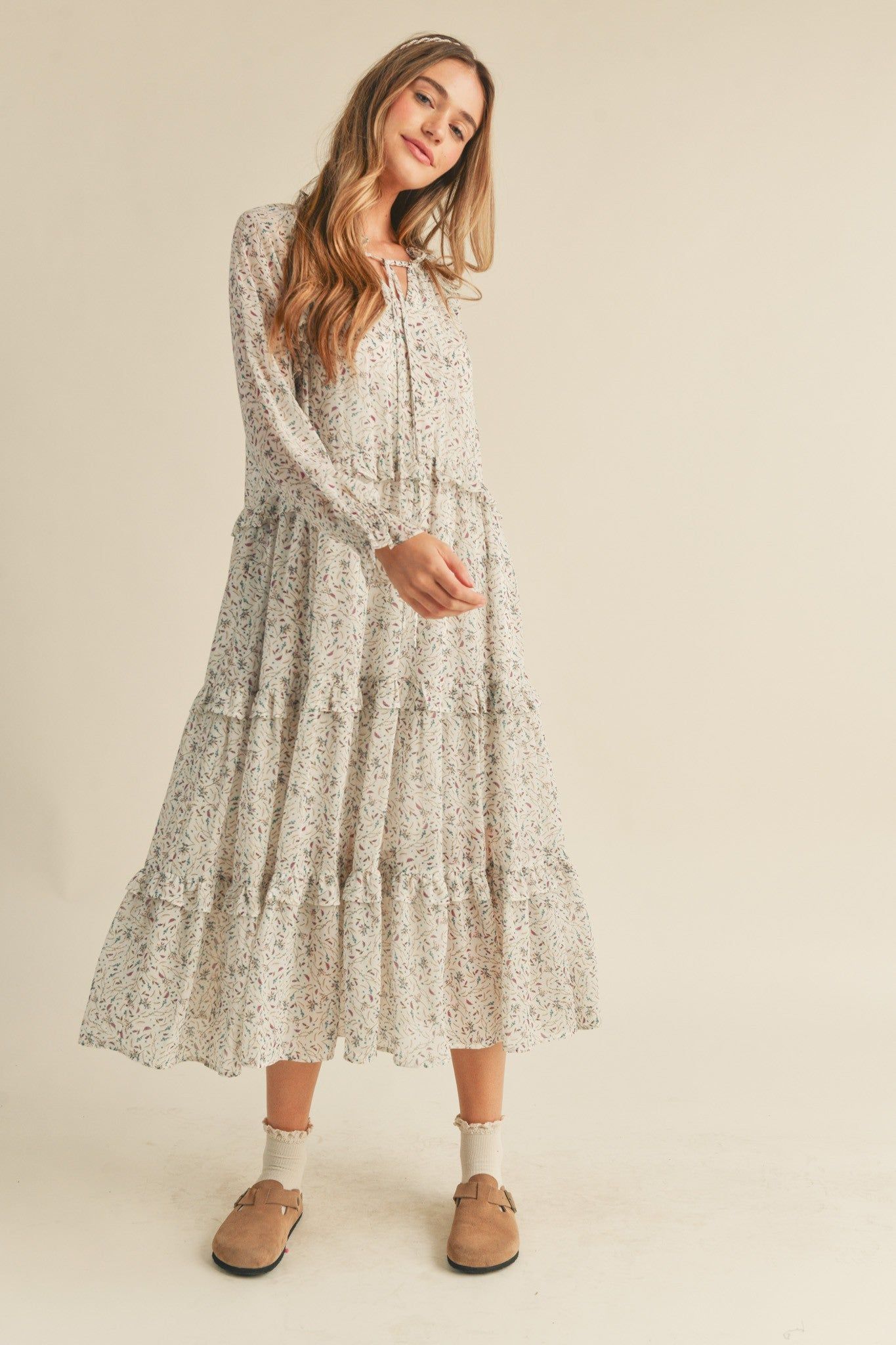 Ivory Floral Tiered Ruffle Trim Midi Dress sold by Pinkblush product image thumbnail 2