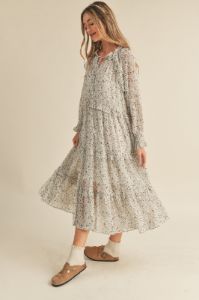 Ivory Floral Tiered Ruffle Trim Midi Dress sold by Pinkblush