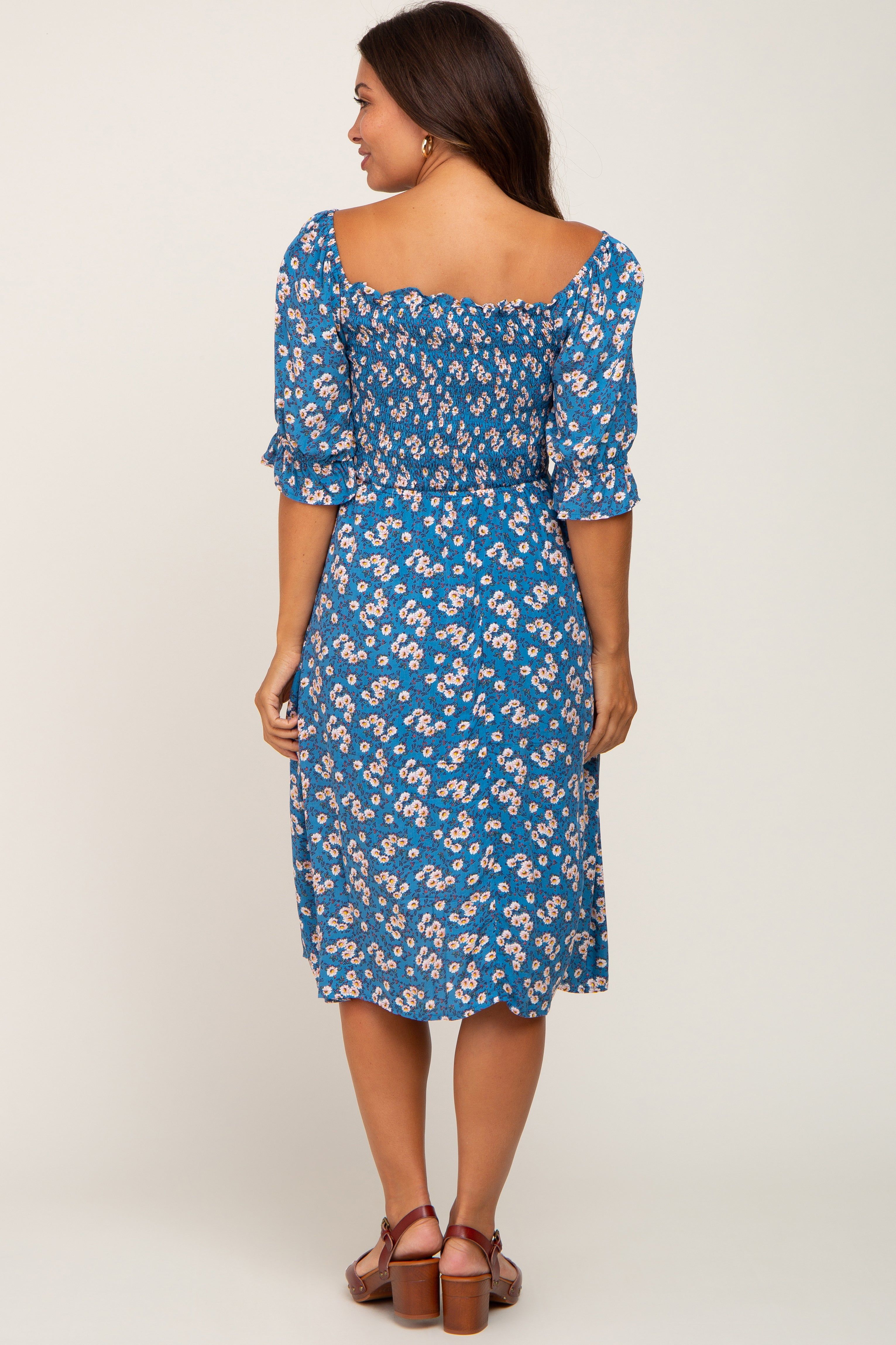 Blue Floral Smocked Front Tie Maternity Midi Dress sold by Pinkblush product image thumbnail 3