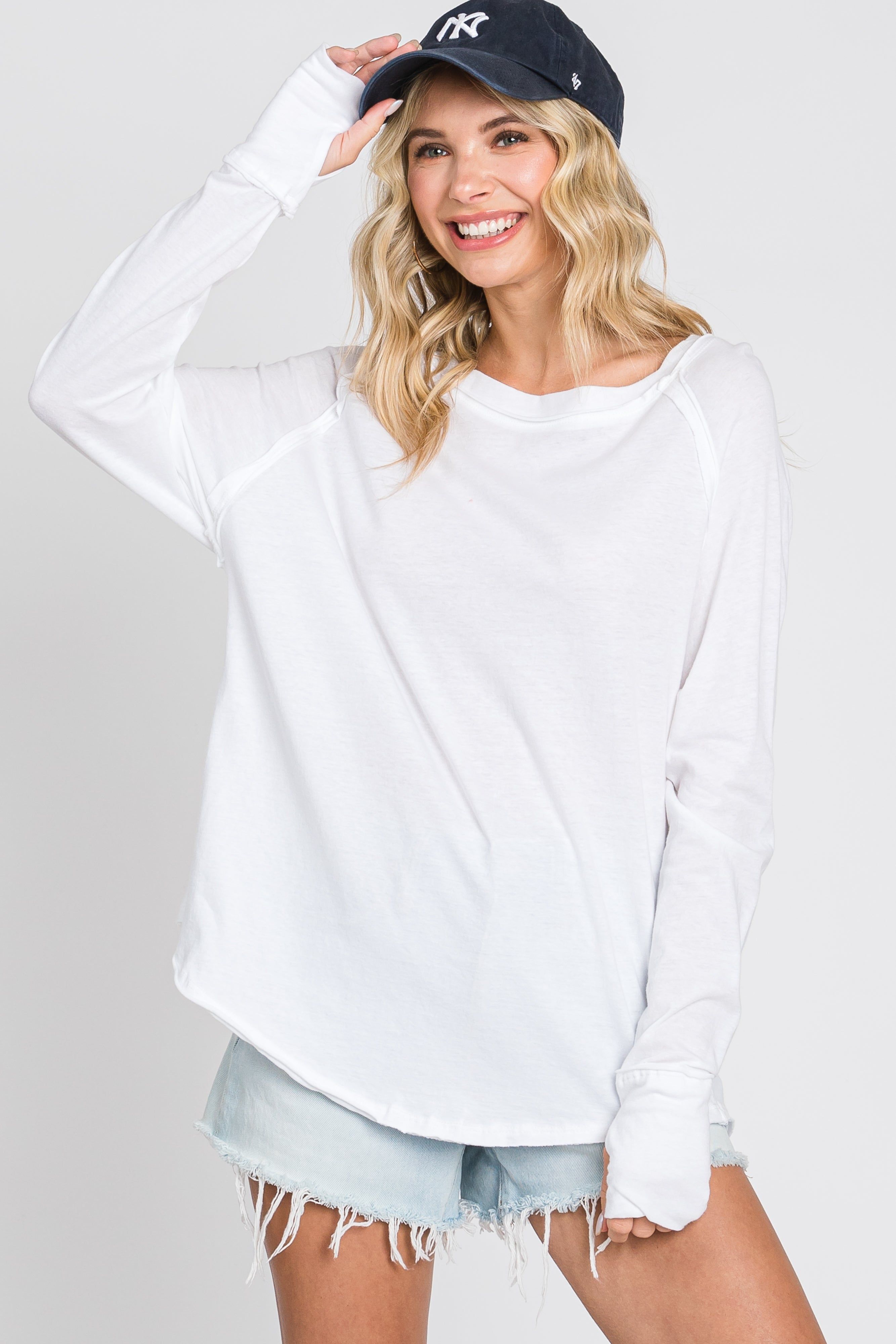 White Exposed Seam Long Sleeve Top sold by Pinkblush