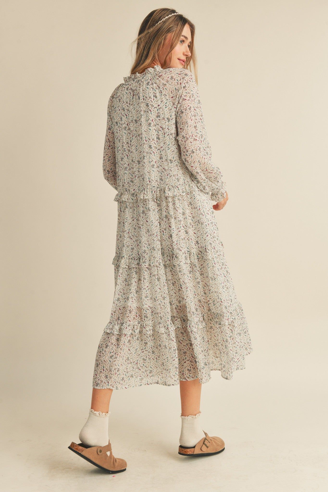 Ivory Floral Tiered Ruffle Trim Midi Dress sold by Pinkblush product image thumbnail 4