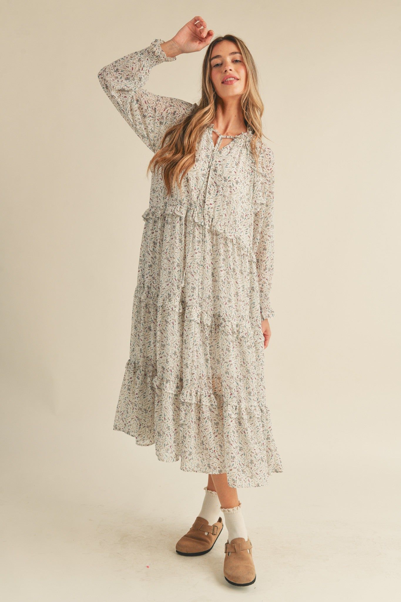 Ivory Floral Tiered Ruffle Trim Midi Dress sold by Pinkblush