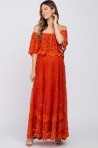Rust Overlay Off Shoulder Maternity Maxi Dress sold by Pinkblush