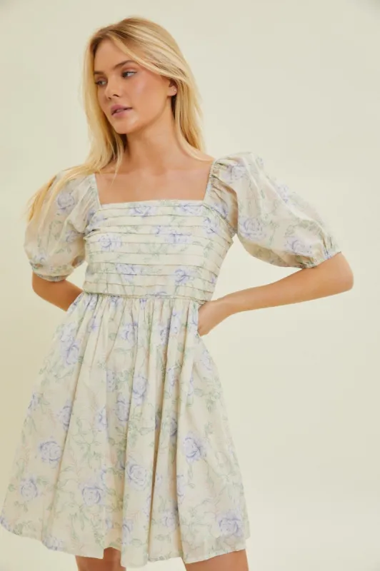 Cream Multi Pleated Bodice Floral Dress sold by Pinkblush